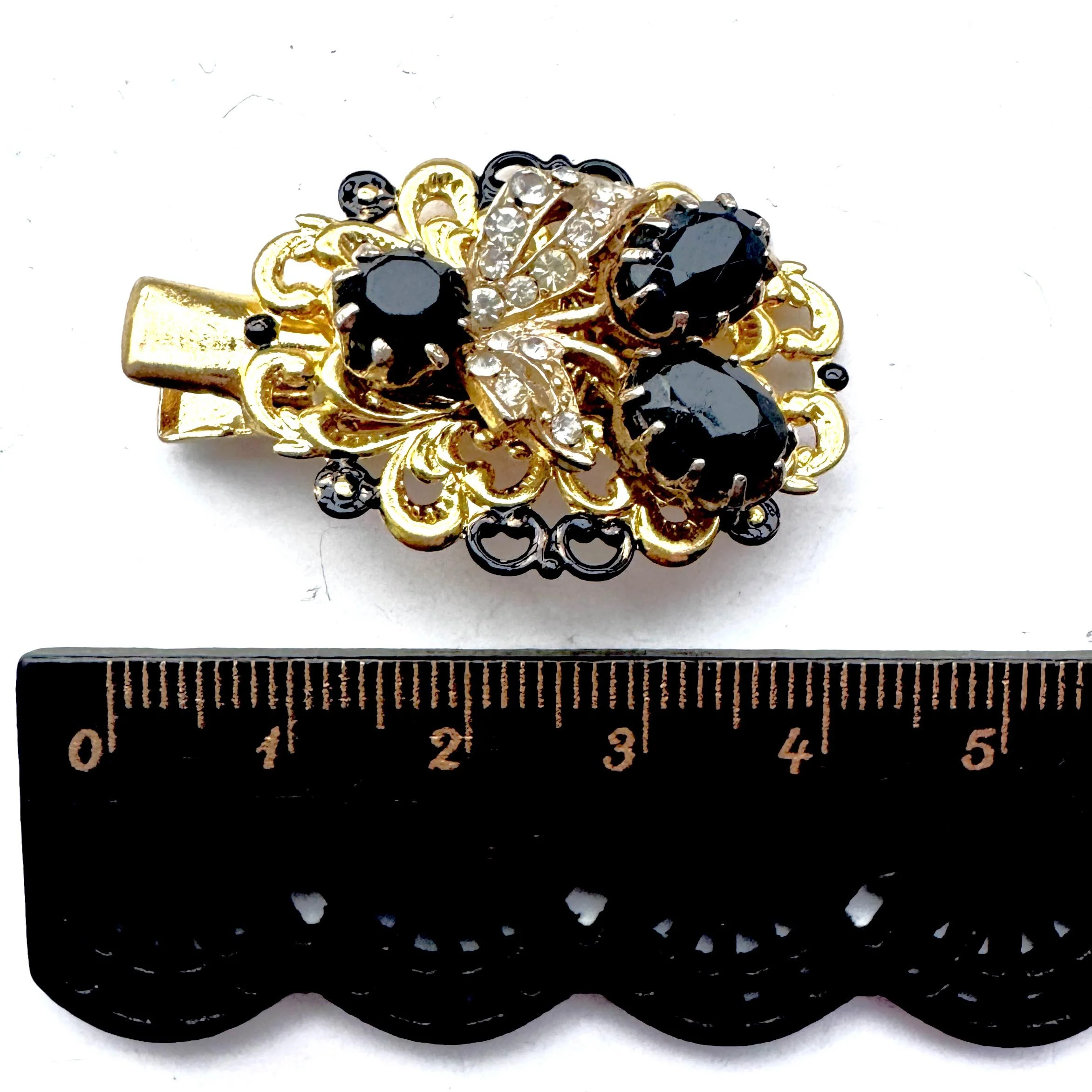 1950s vintage black gold rhinestone hair slides - antique hair jewellery