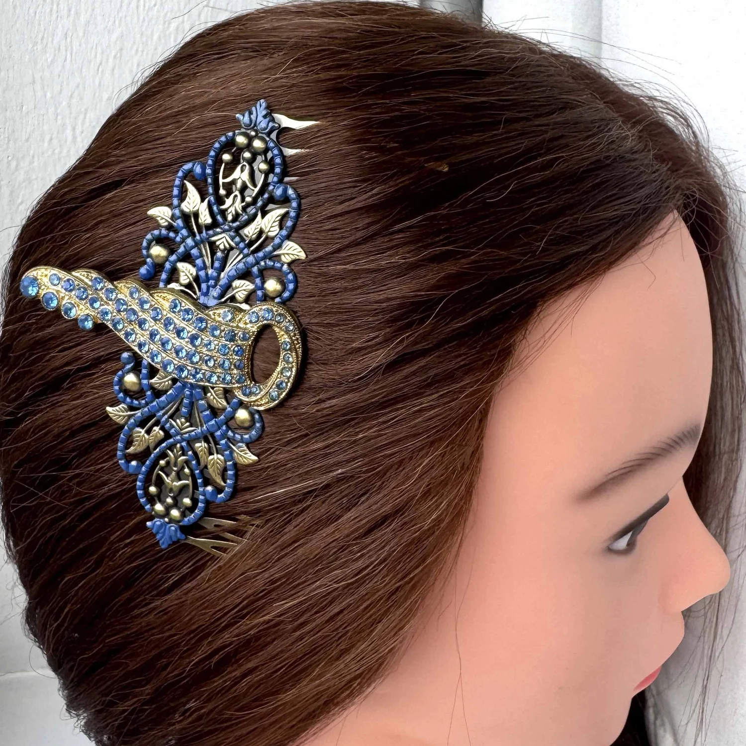 Extra Large Vintage Art Deco Gold and Blue Hair Comb 
