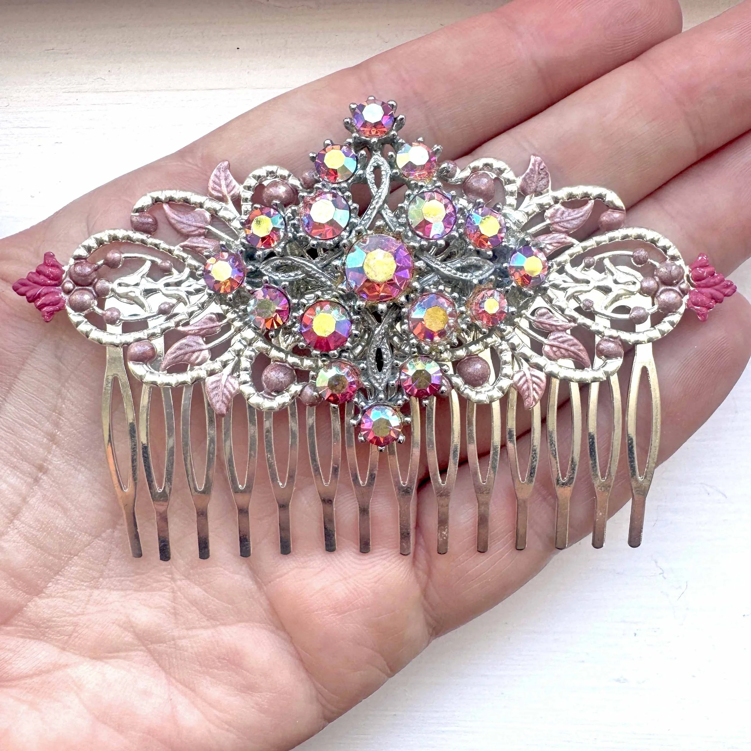 1950s pink jewelled vintage hair comb, antique hair accessories