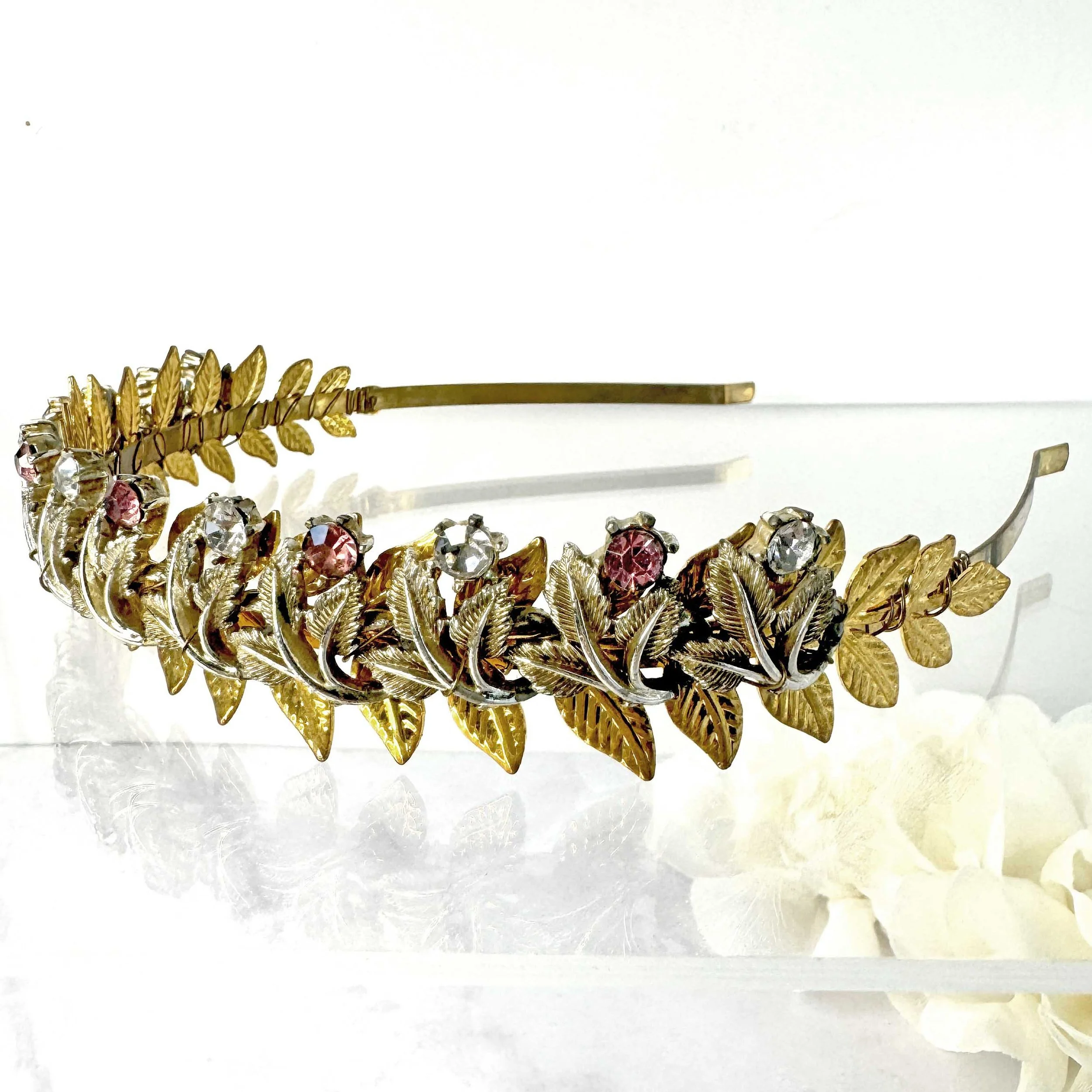 vintage 1950s gold pink jewelled head piece