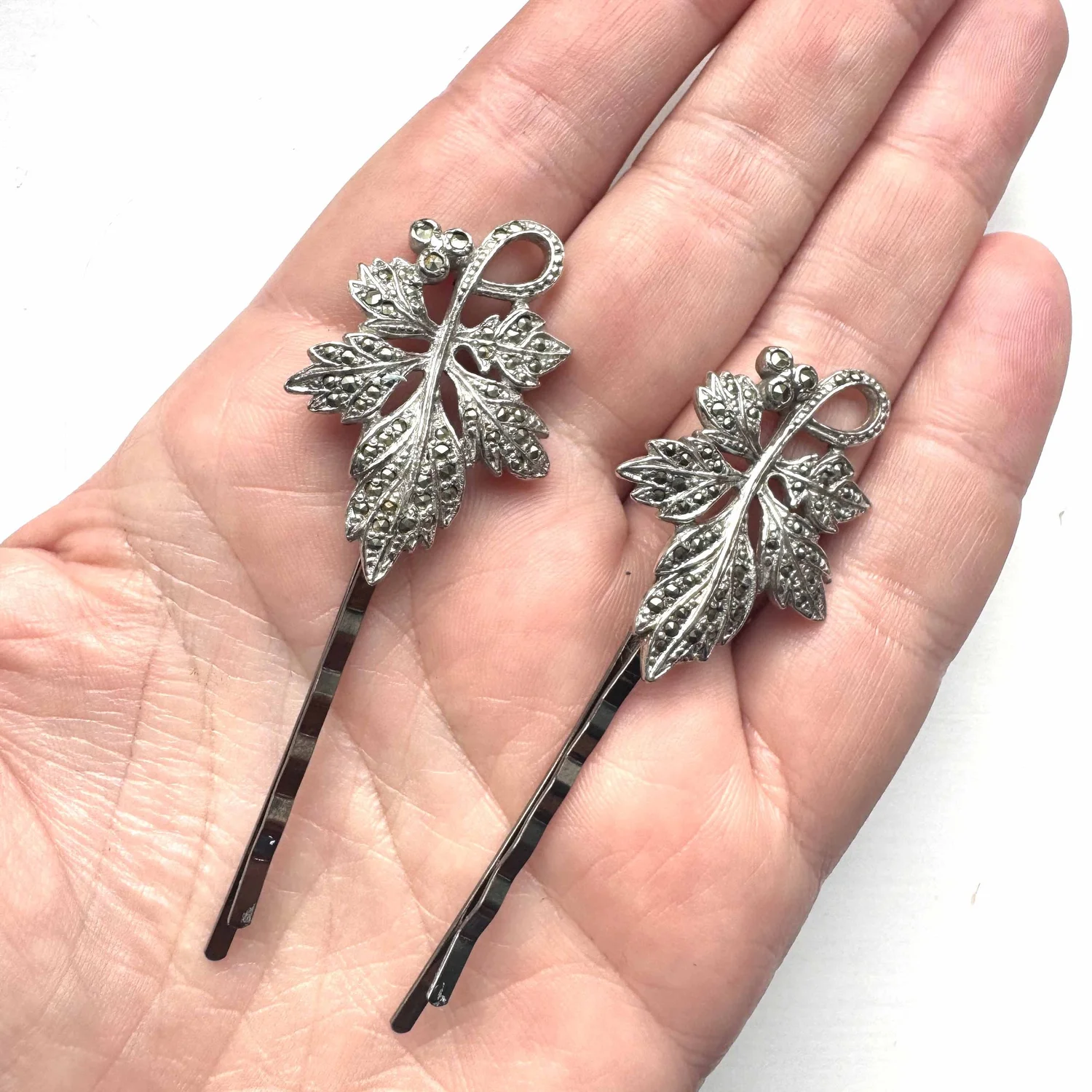 Vintage 1930s Silver Marcasite Leaf Hair Pins - Vintage Hair 