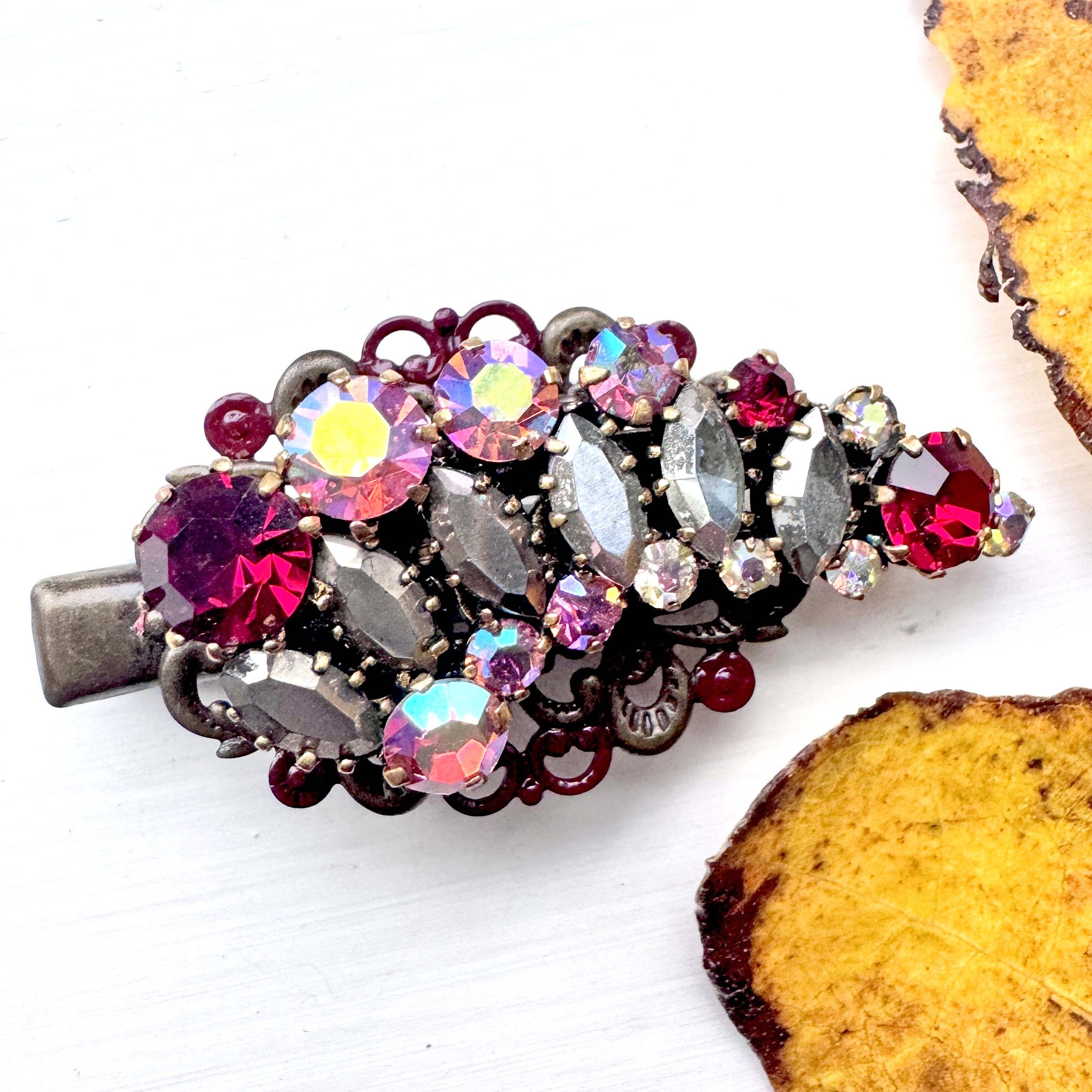 vintage red and silver rhinestone hair clip, vintage hair accessories