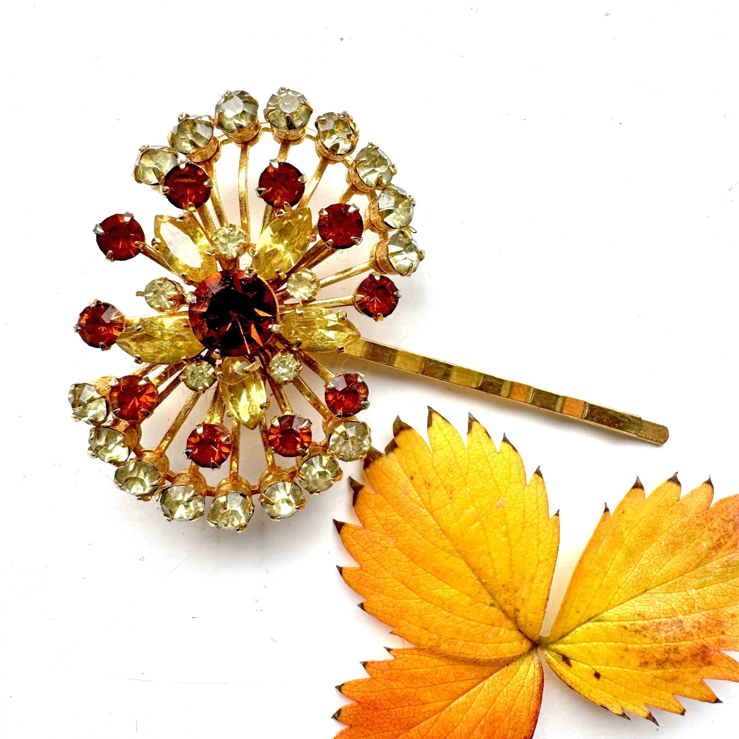 vintage orange yellow jewelled hair pin, vintage hair accessories