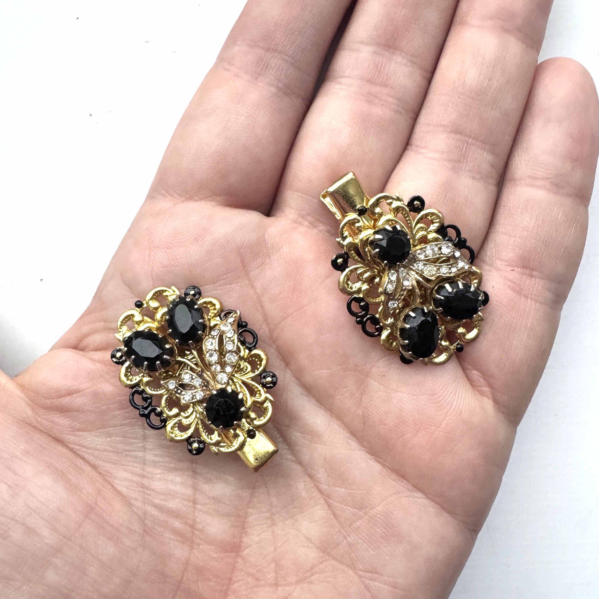 1950s vintage black gold rhinestone hair clips - antique hair jewellery