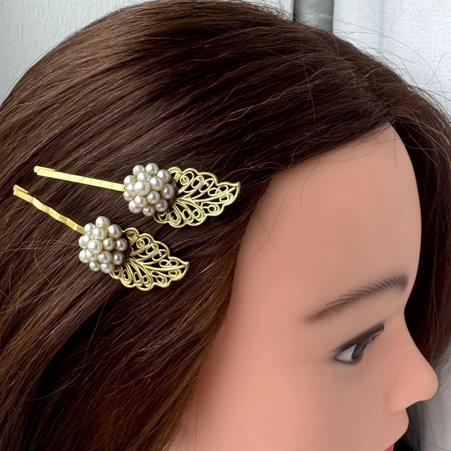 Pair Vintage 1950s Gold Pearl Leaf Hair Pins — Vintage Hair 