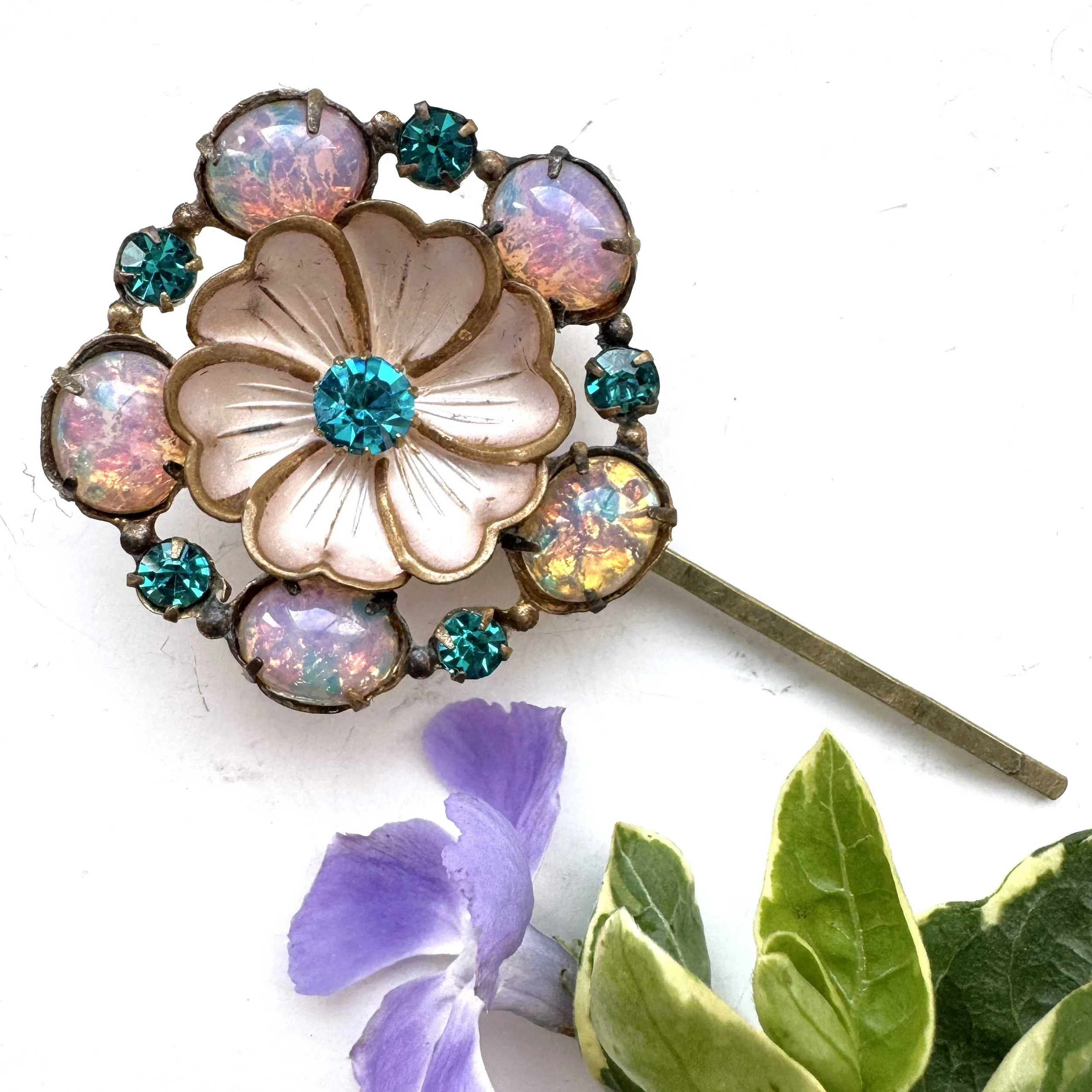 1930s vintage opal flower hair pin, vintage hair pin, vintage hair accessories