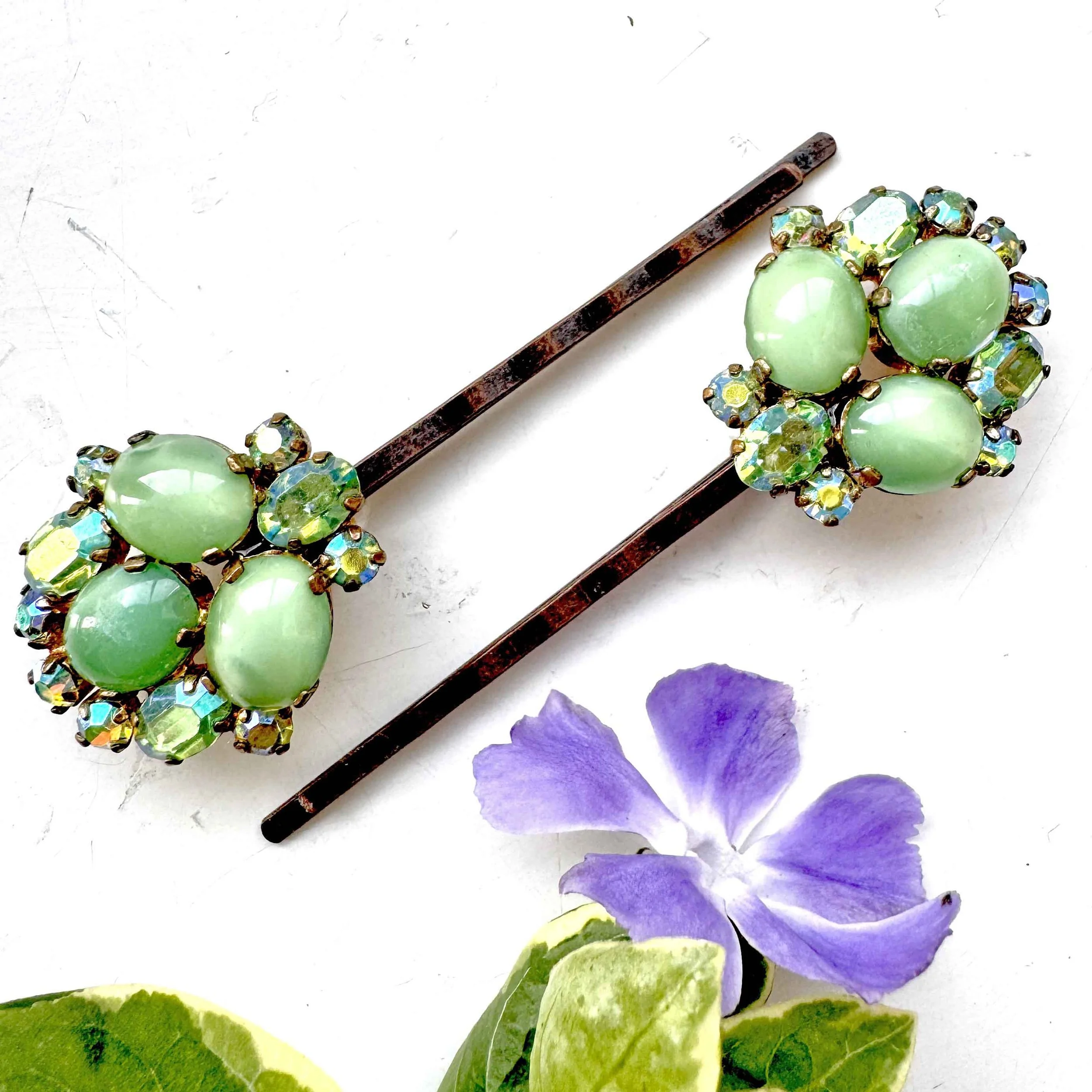 Pair Vintage Green Glass and Aurora Hair Pins VA1249