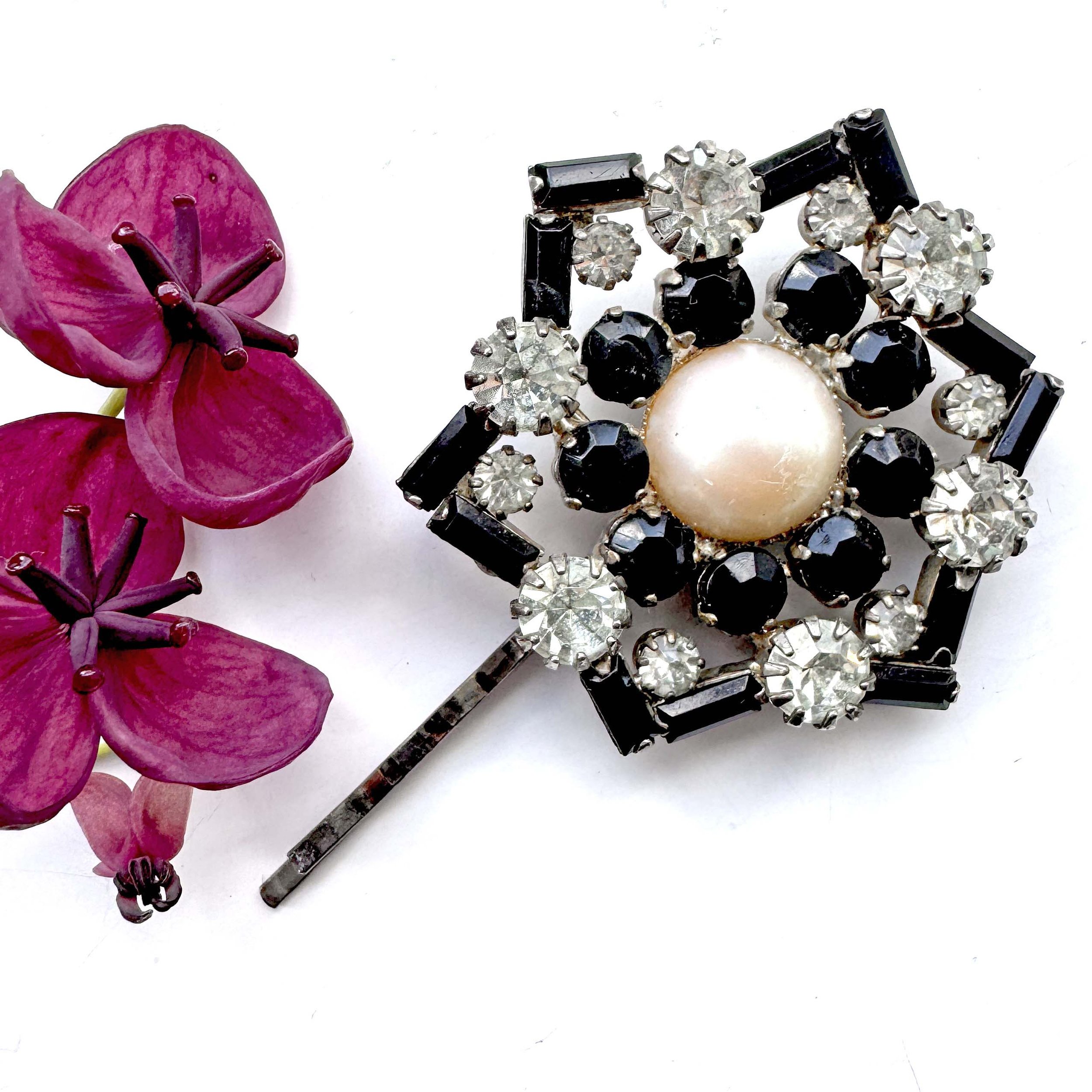 vintage silver black rhinestone pearl hair pin, vintage hair accessories