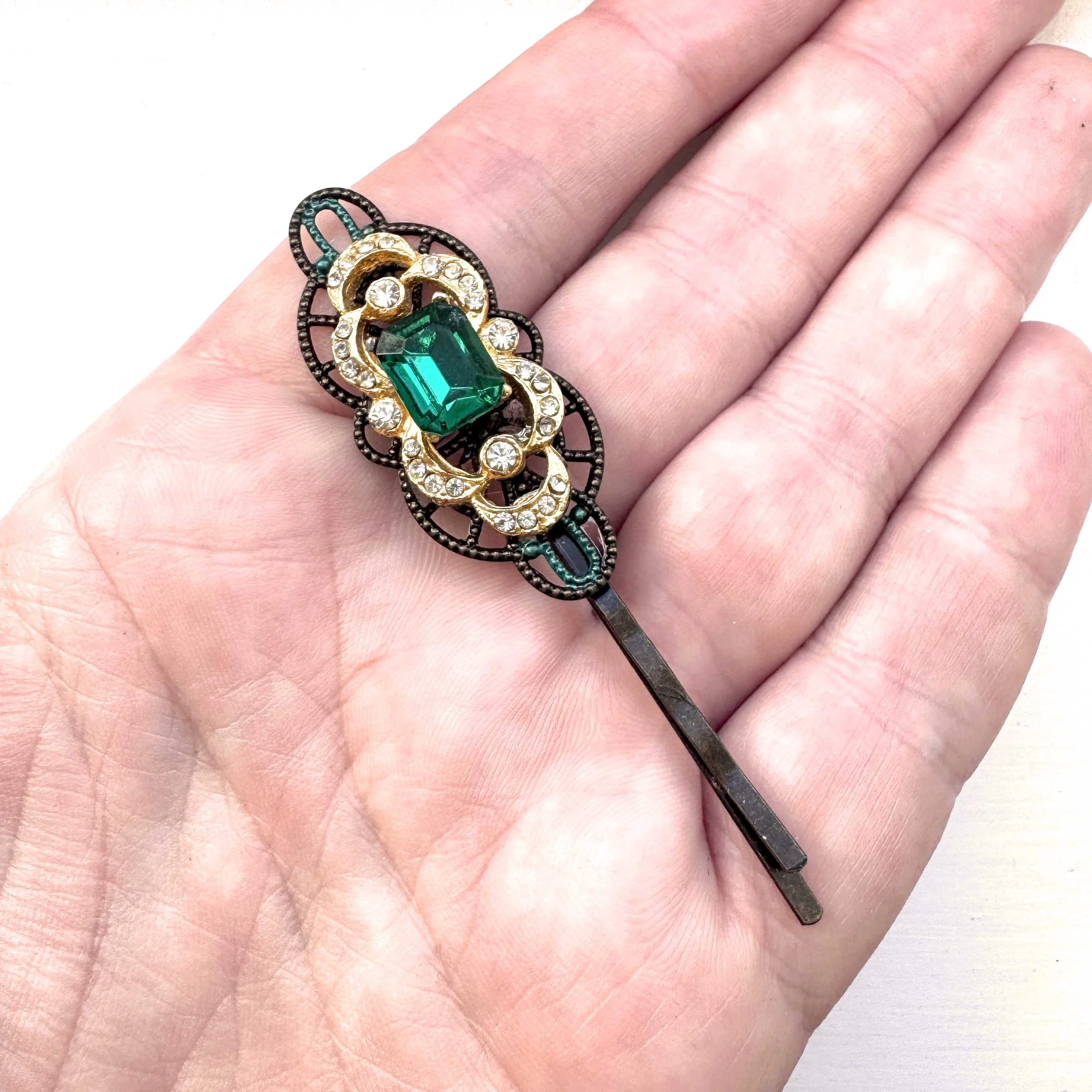 vintage art deco emerald bobby pin, vintage hair accessories