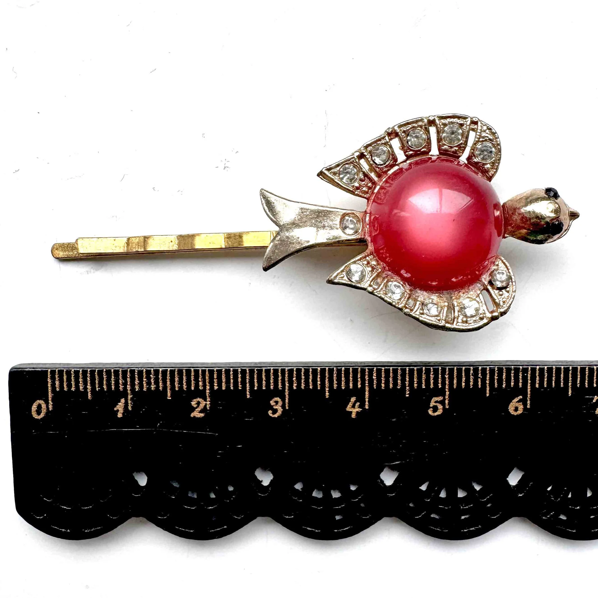 vintage red bird bobby pin, vintage hair accessories