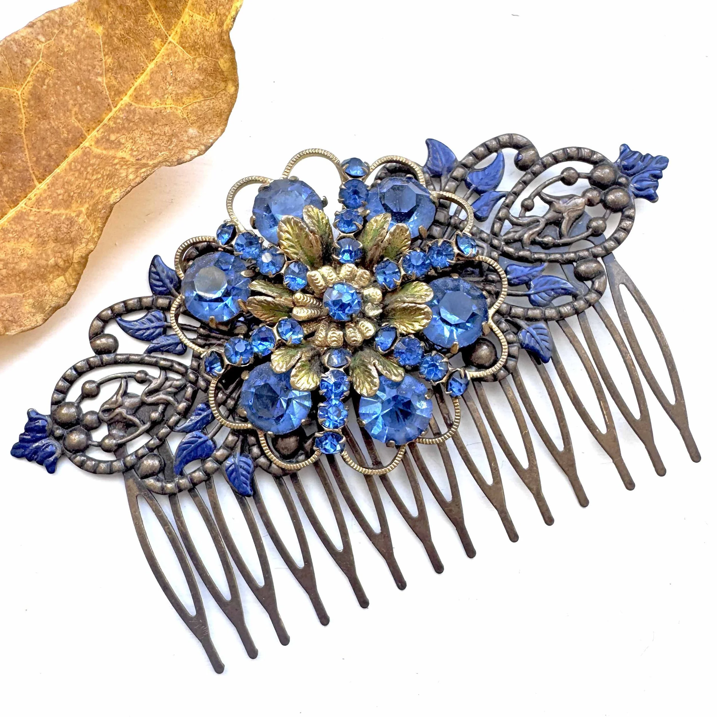 vintage victorian sapphire dark blue hair comb, vintage hair accessories