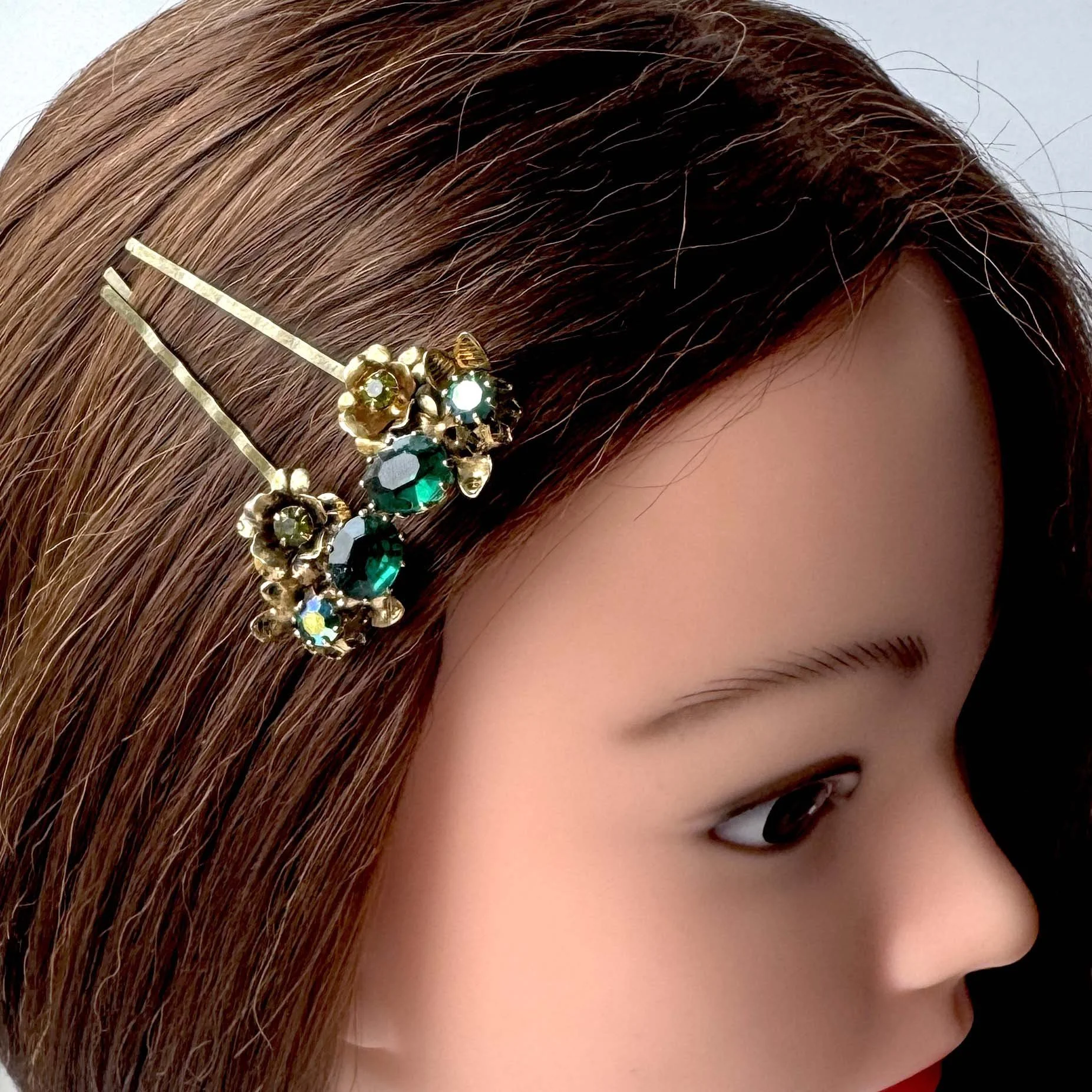 vintage green gold flower hair clips, vintage hair accessories