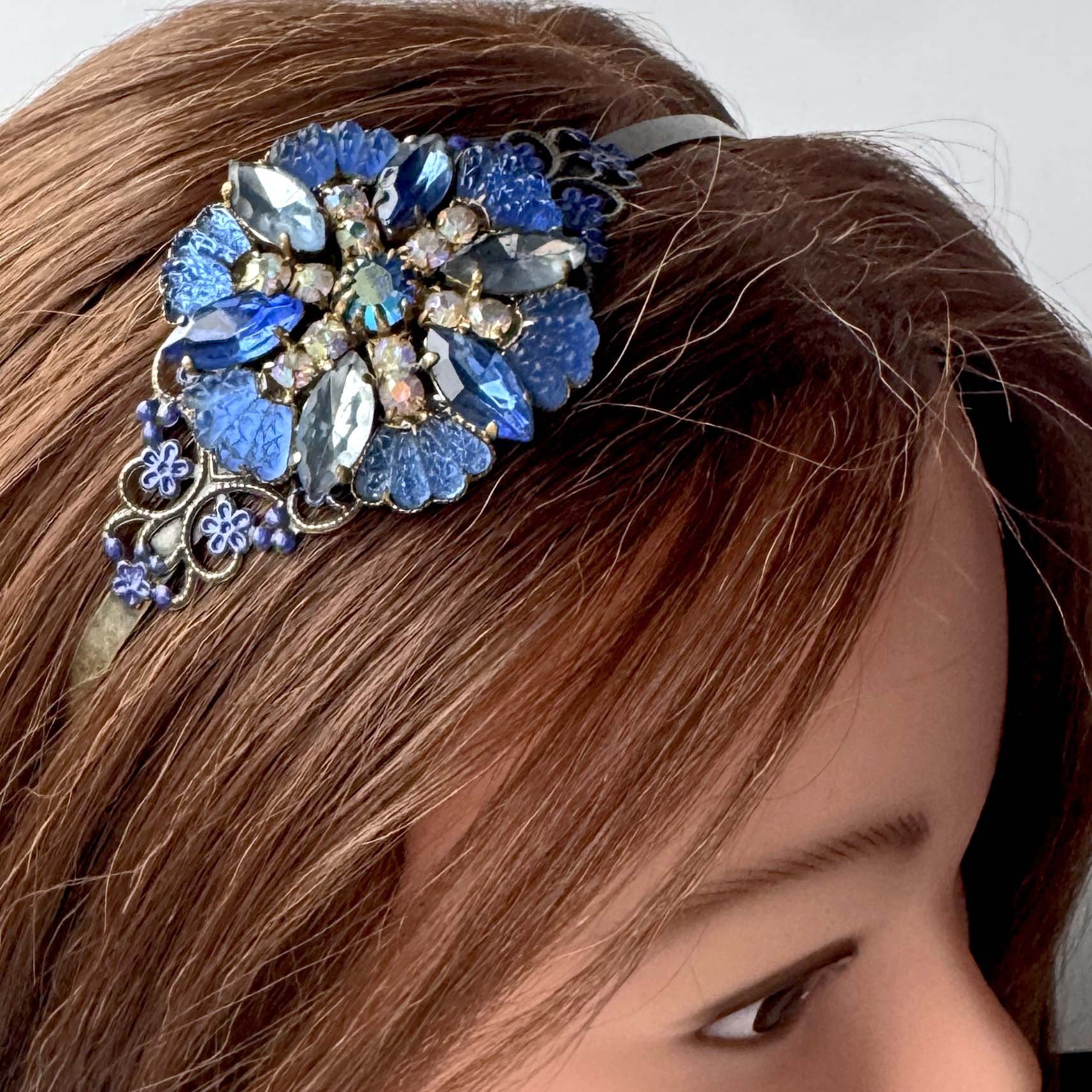 1930s vintage blue jewelled flower headpiece, vintage hair accessories