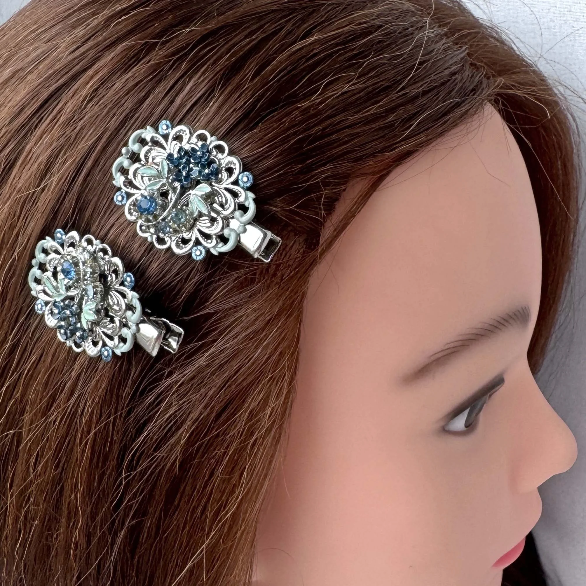 1950s vintge blue rhinestone flower hair slides, vintage hair accessories