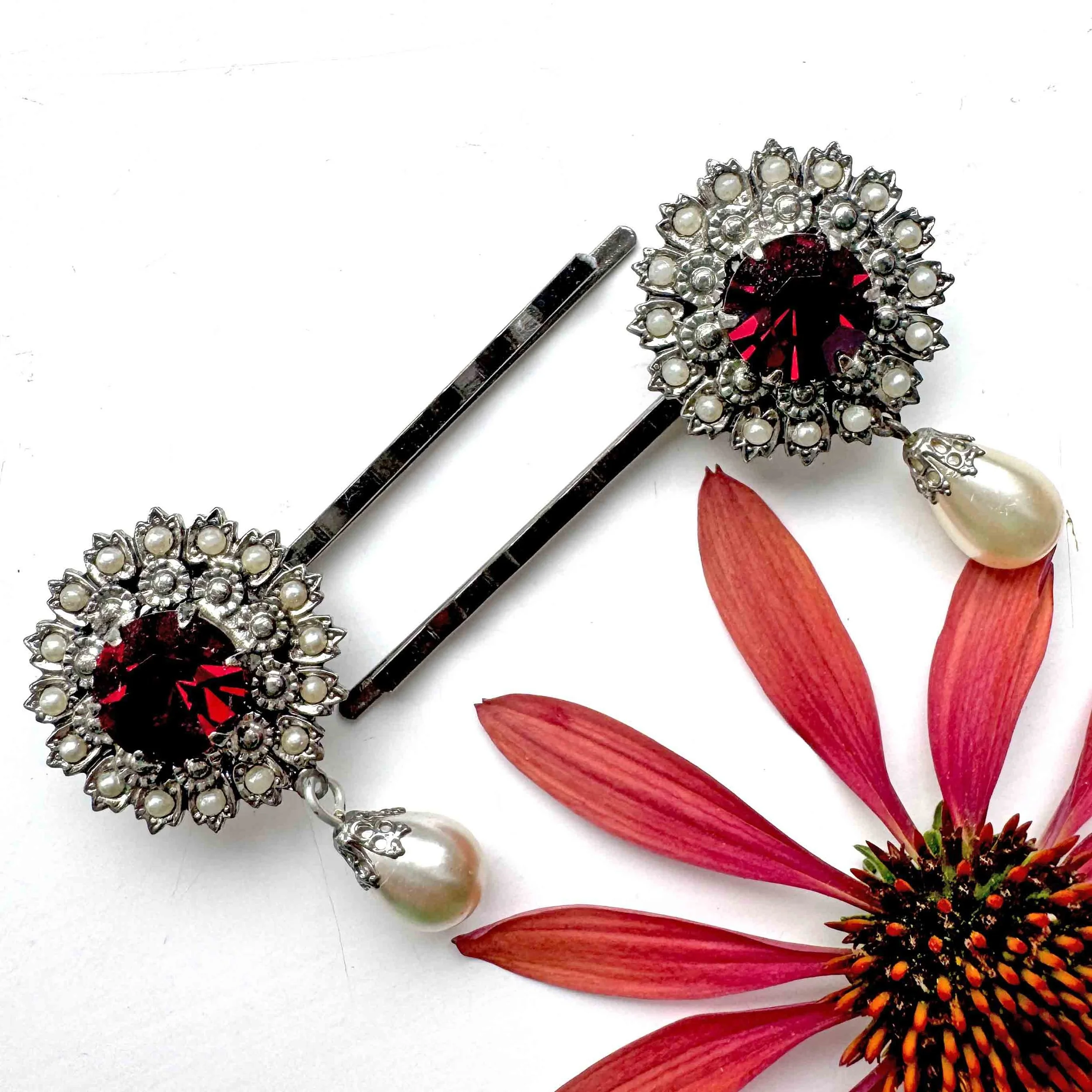 1930s vintage garnet red pearl hair pins, vintage hair accessories