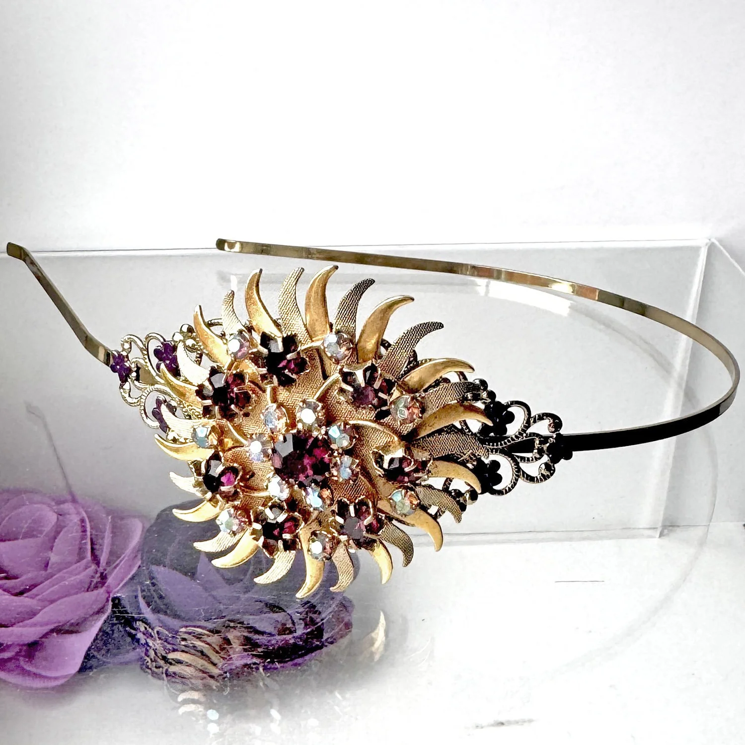 1950s Vintage Gold Purple Jewelled Fascinator vintage hair