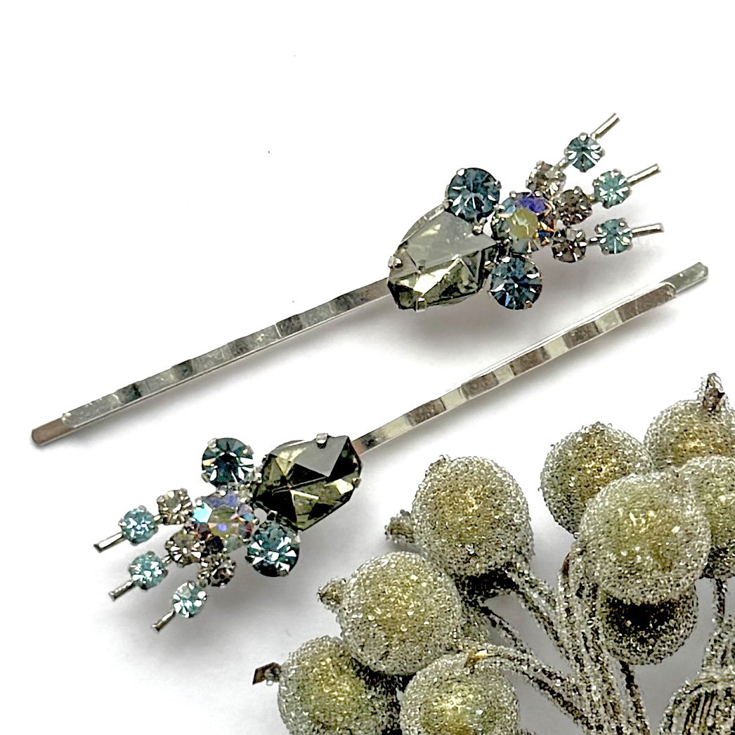 1950s Vintage Silver Blue Jewelled Bobby Pins, vintage hair accessories