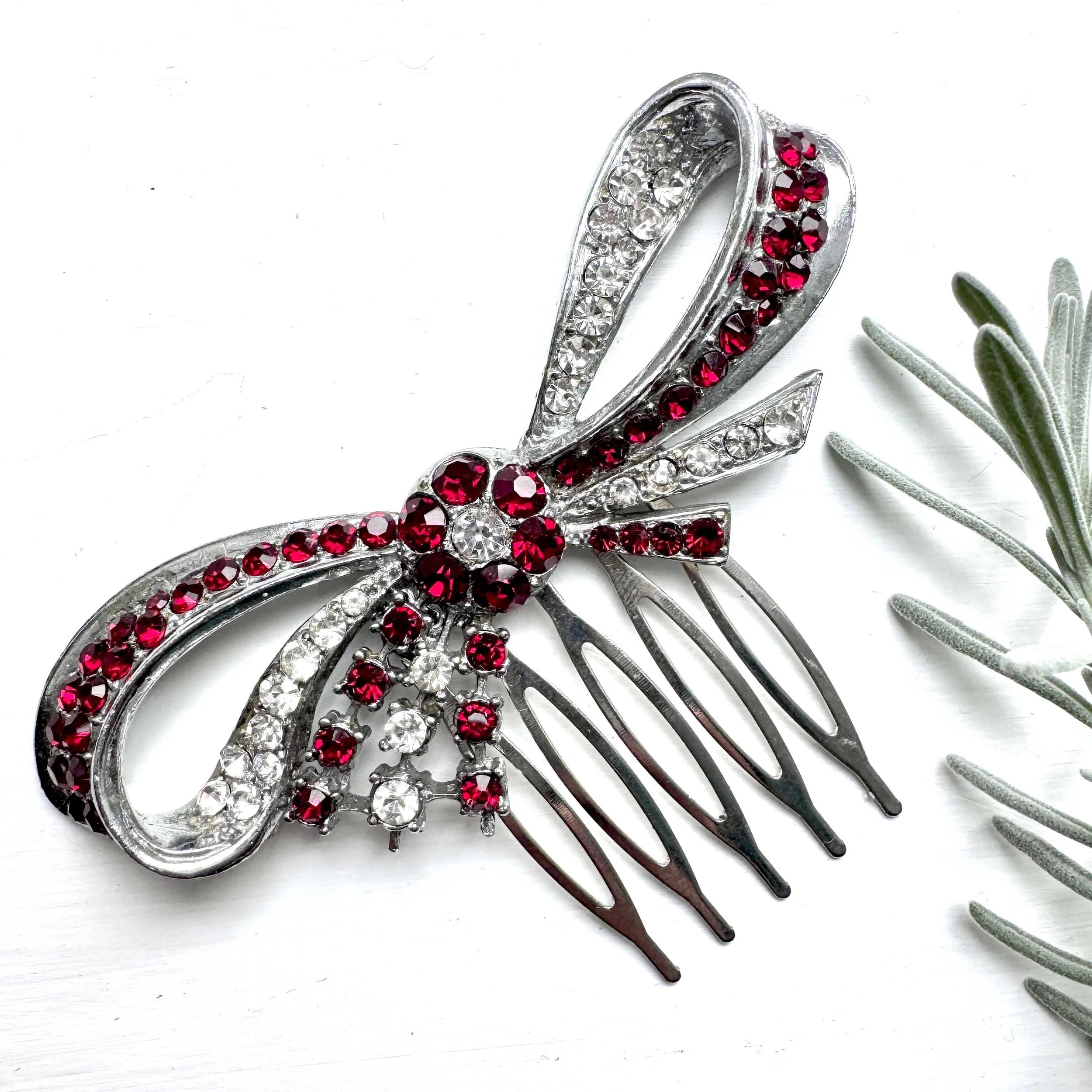 vintage red bow hair comb, vintage hair comb, vintage hair accessories