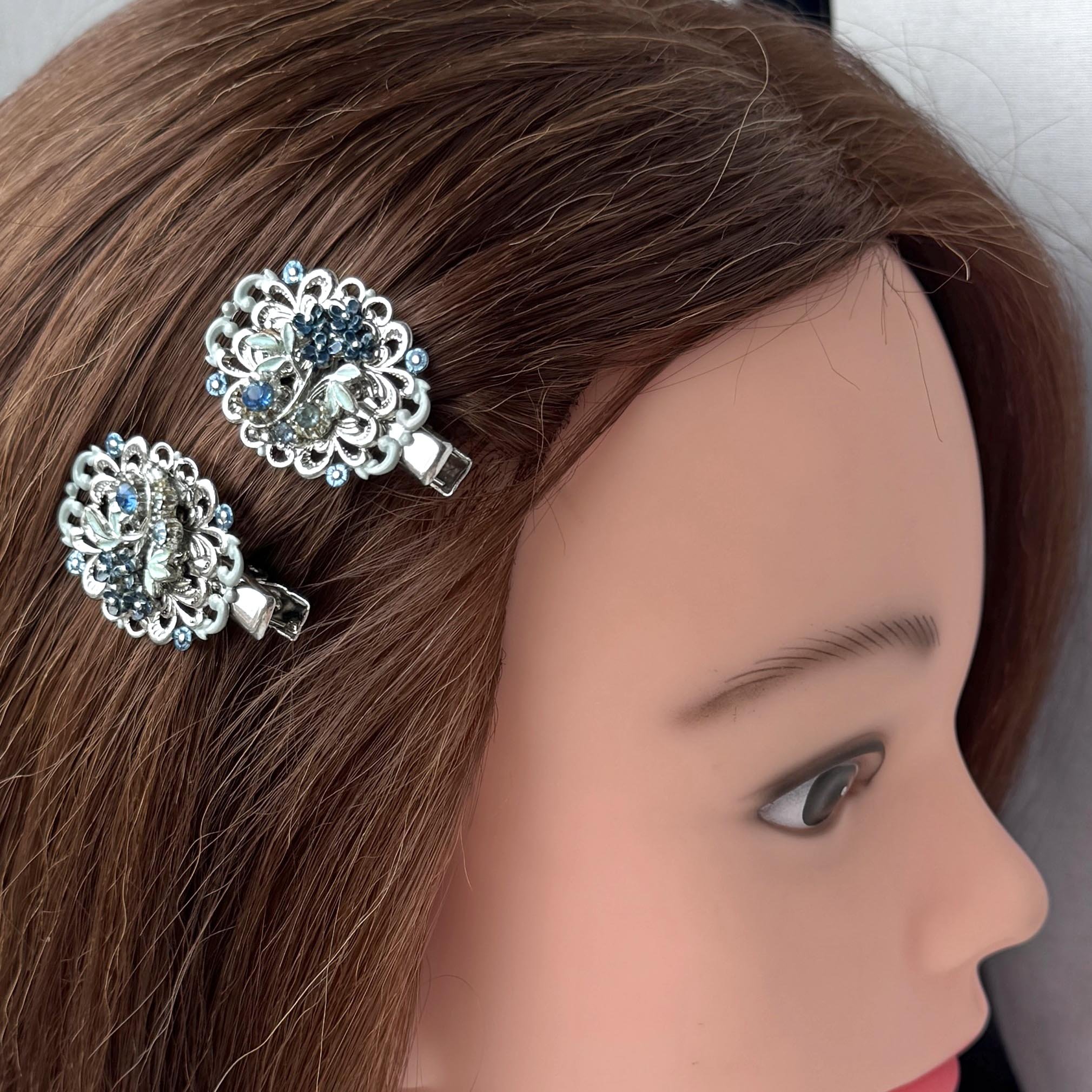 1950s vintge blue rhinestone flower hair slides, antique hair accessories