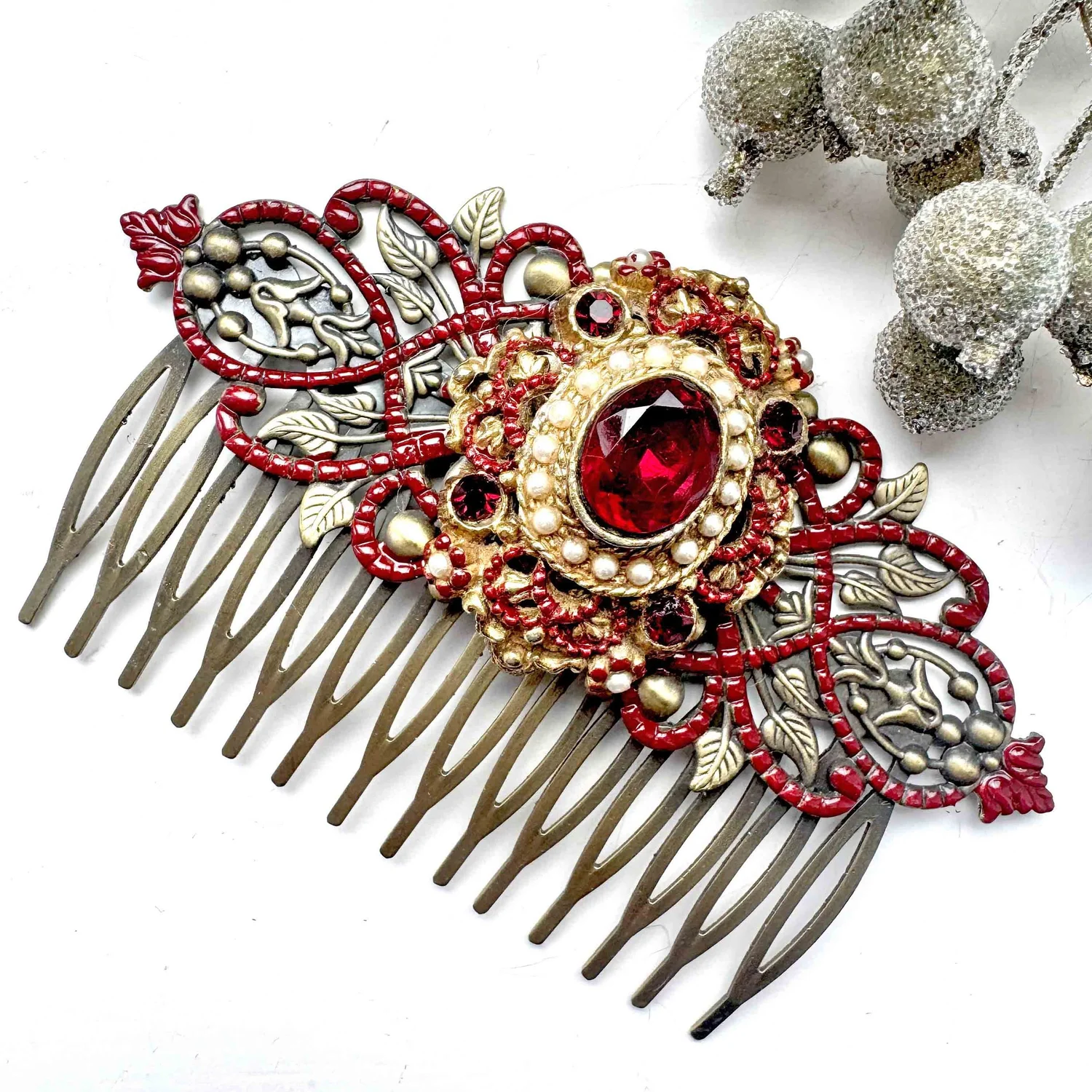 Extra Large Vintage Victorian Red Rhinestone, Pearl and Gold 