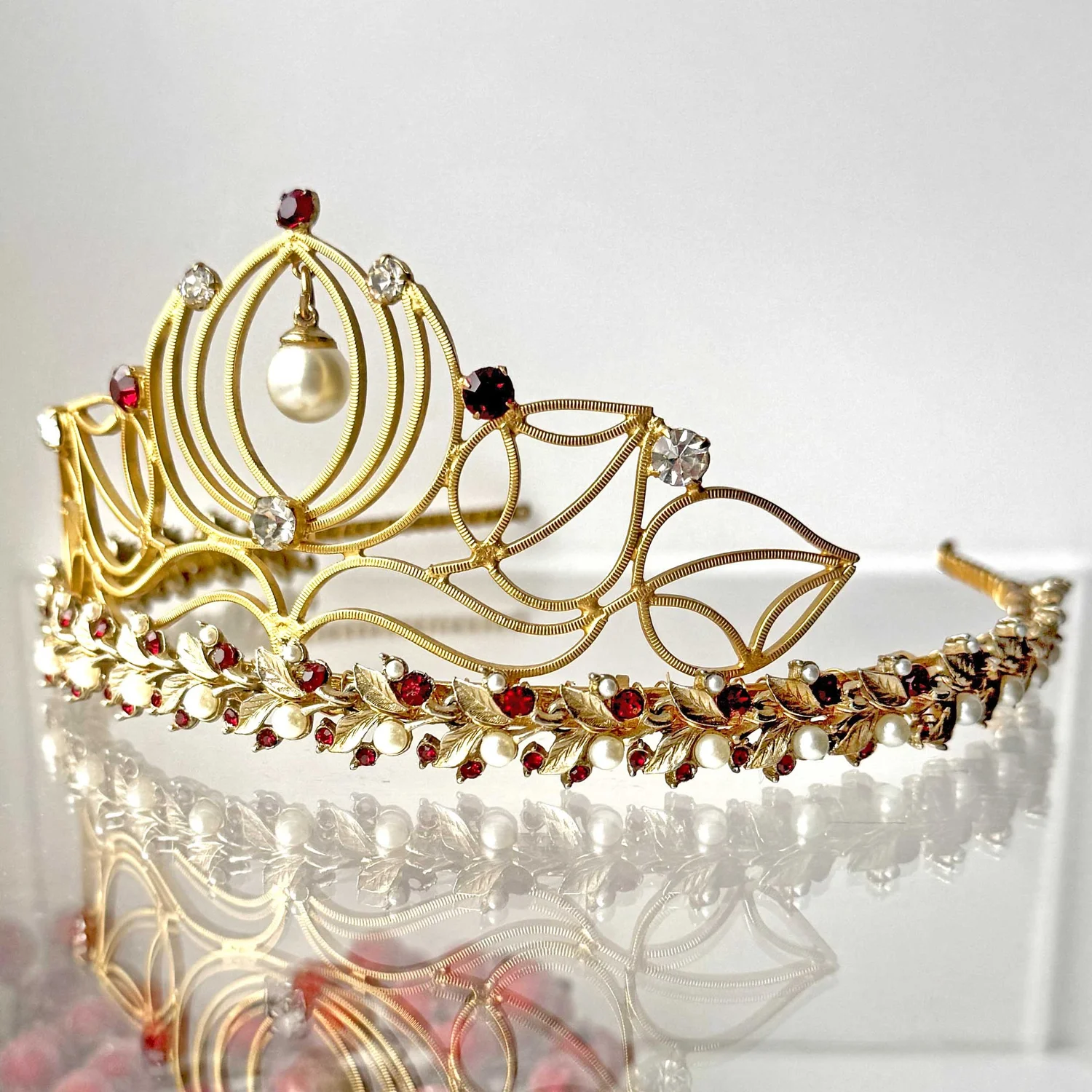 Vintage 1950s Gold Red Rhinestone Pearl Statement Bridal 