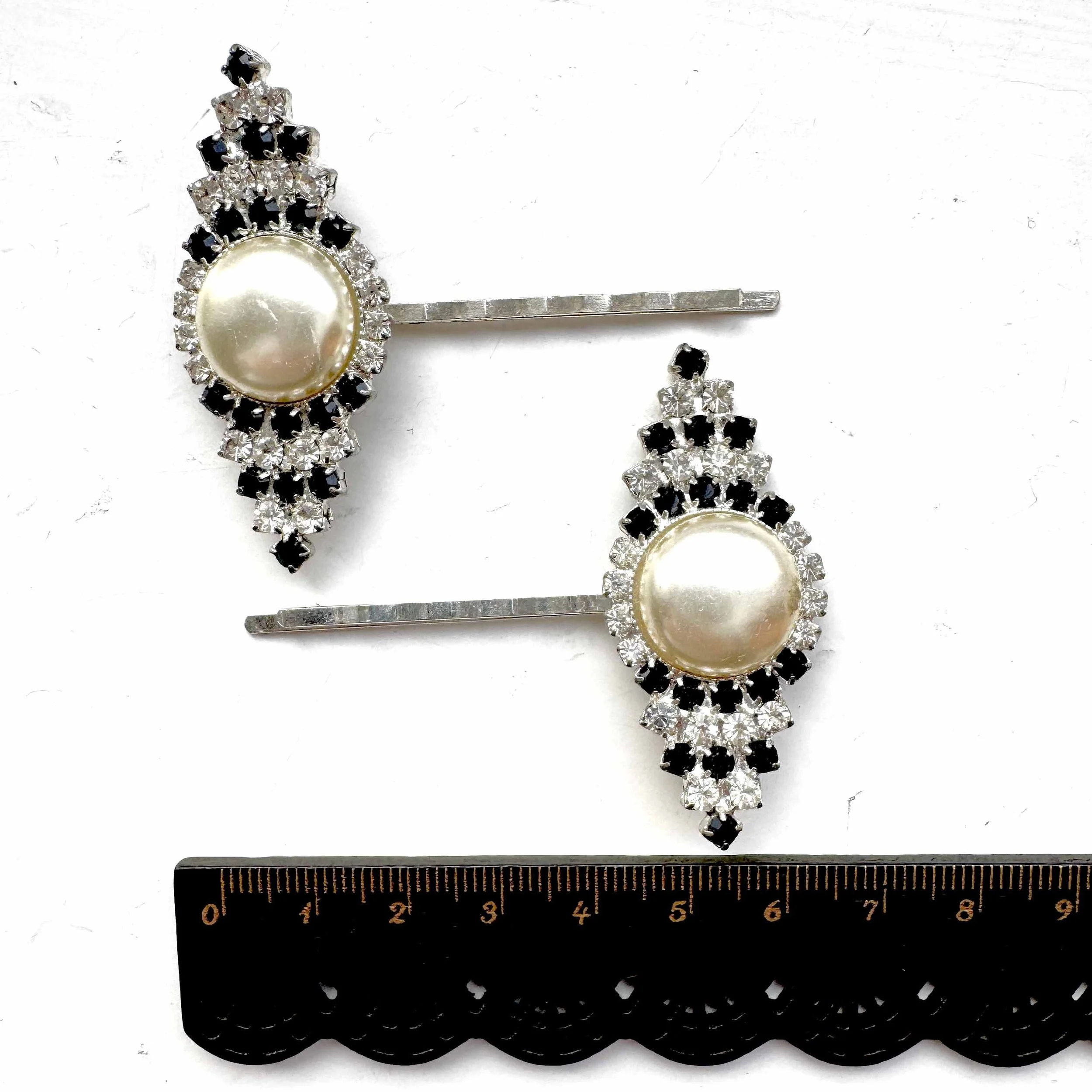 vintage 1950s black white jewelled art deco pearl bobby pins, vintage hair accessories