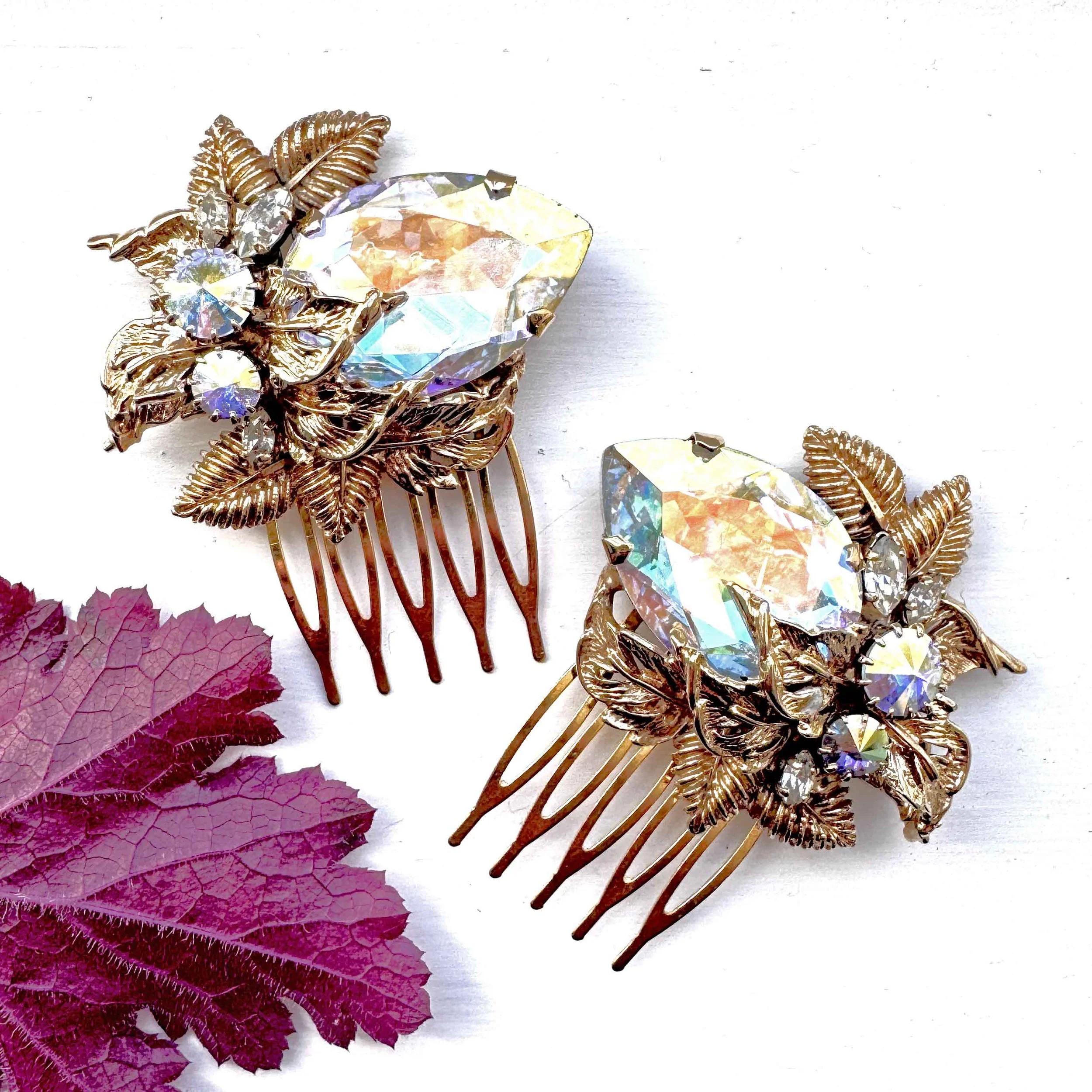 1950s vintage aurora rhinestone hair combs, vintage hair accessories
