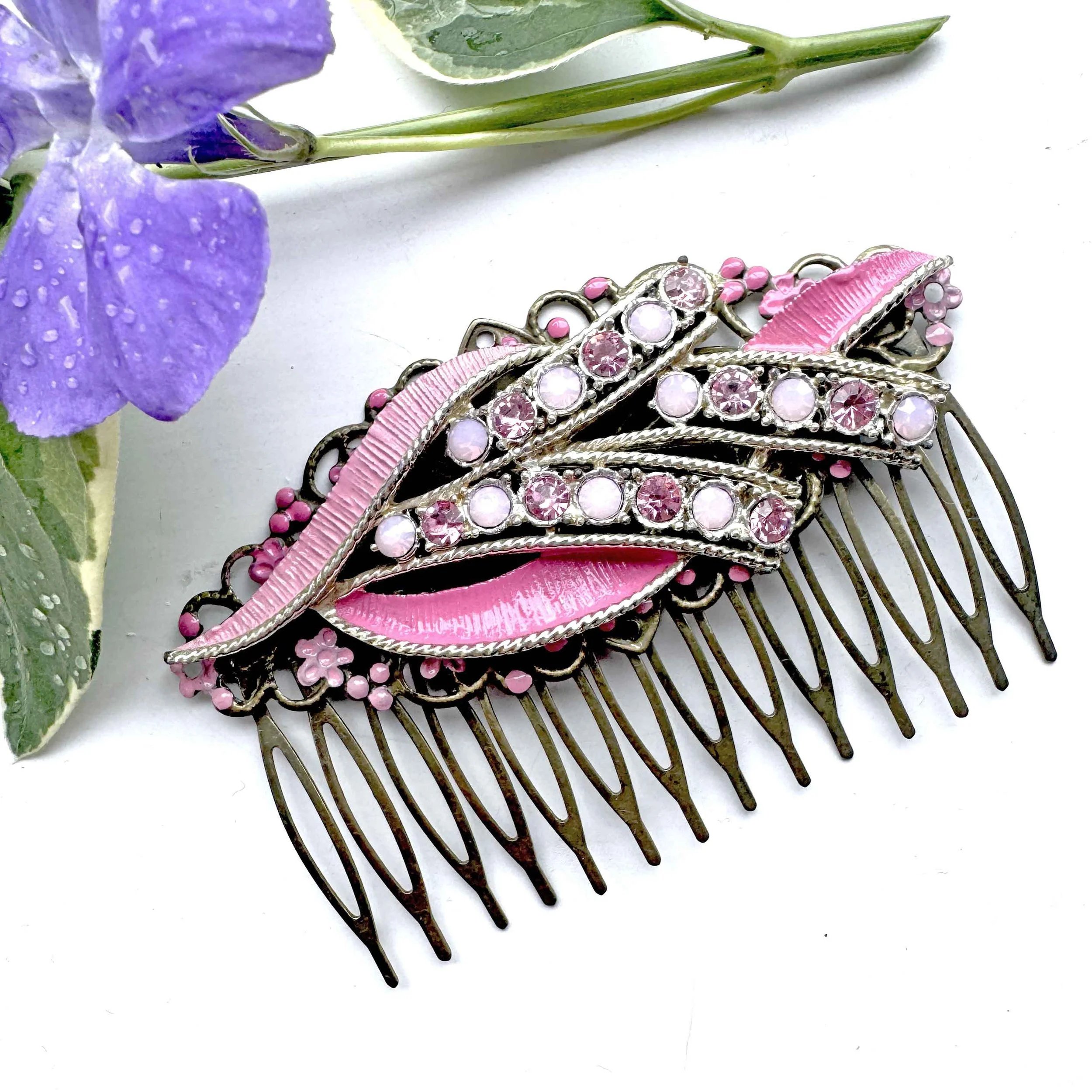 vintage 1950s statement pink rhinestone jewelled bridal wedding hair comb