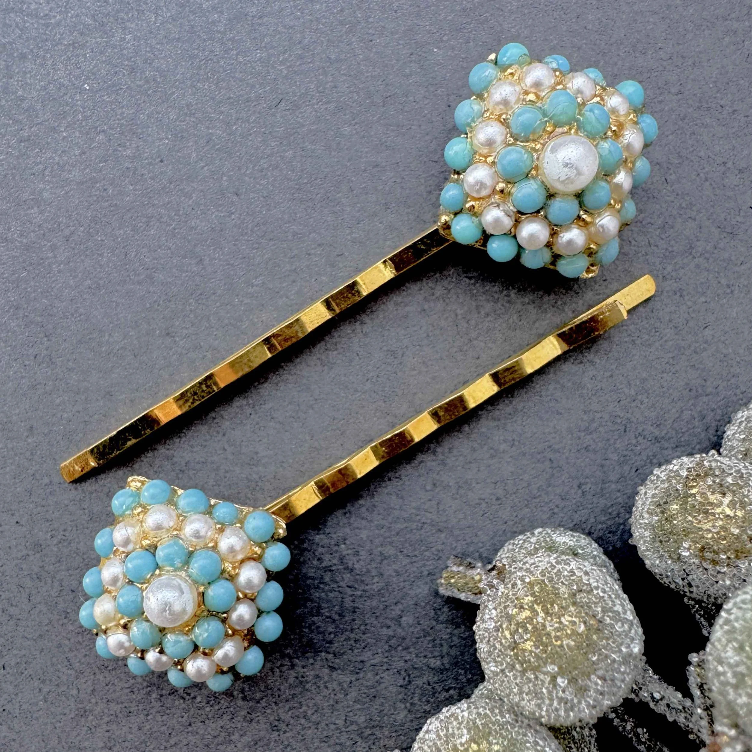 Vintage Pair Turquoise & Pearl Gold Hair Pins VA1229