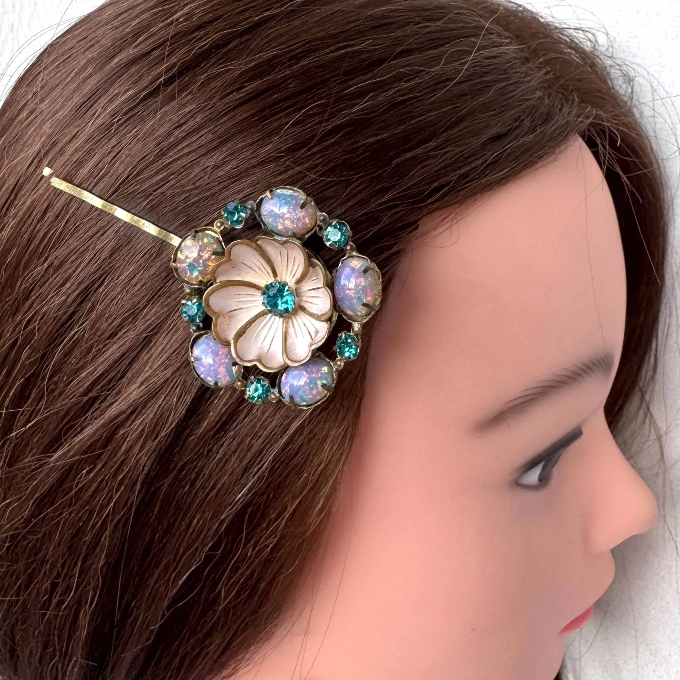 1930s vintage opal flower hair clip, vintage hair clip, vintage hair accessories