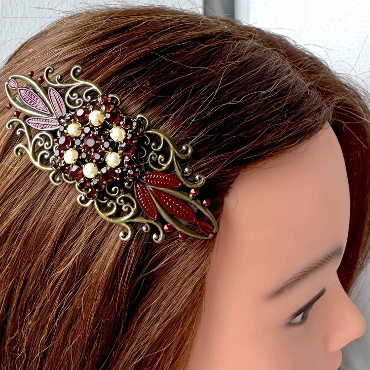 Vintage 1950s Red Gold Jewelled Hair Barrette - vintage hair  display picture 1