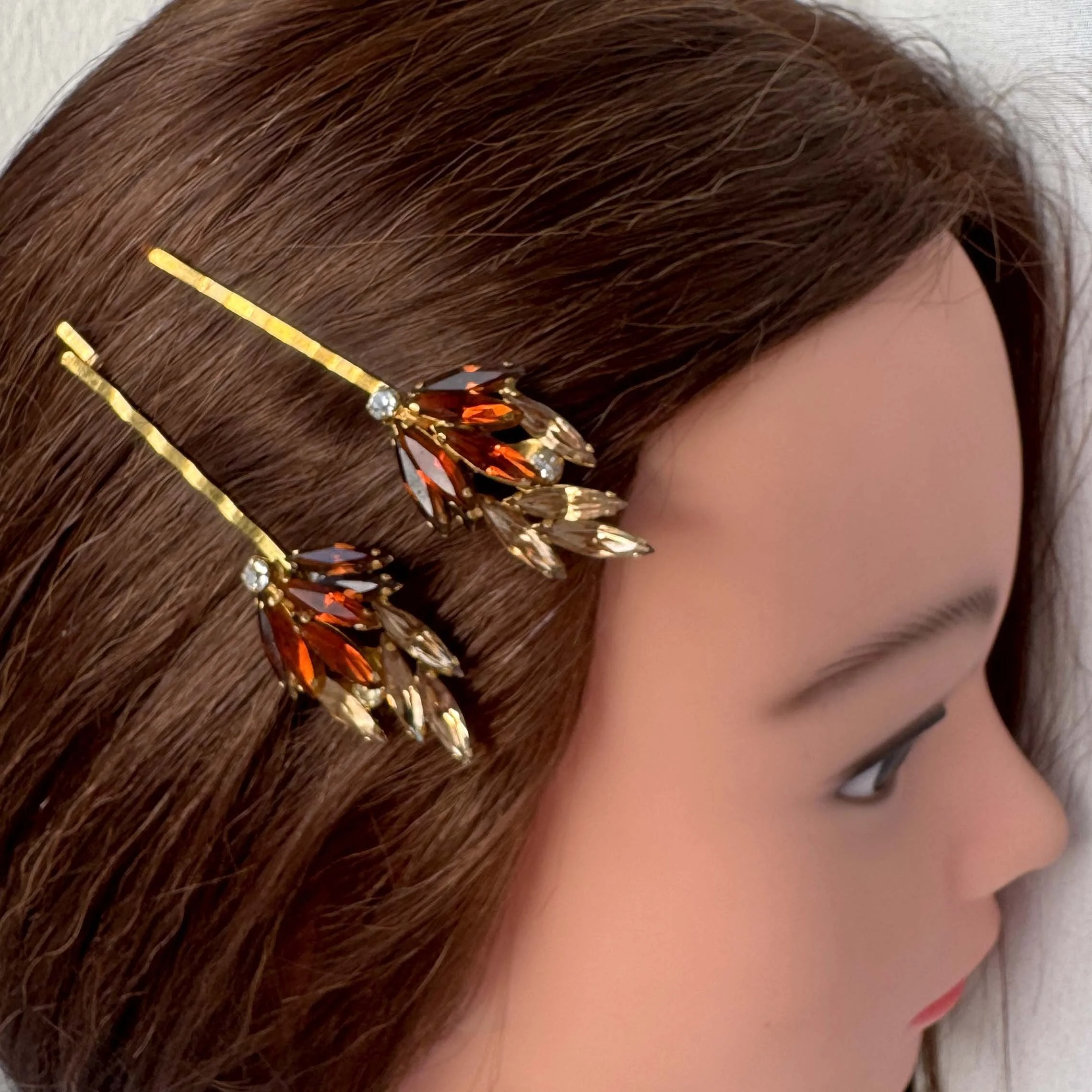 1950s vintage hair clips, amber rhinestone hair clips, vintage hair accessories