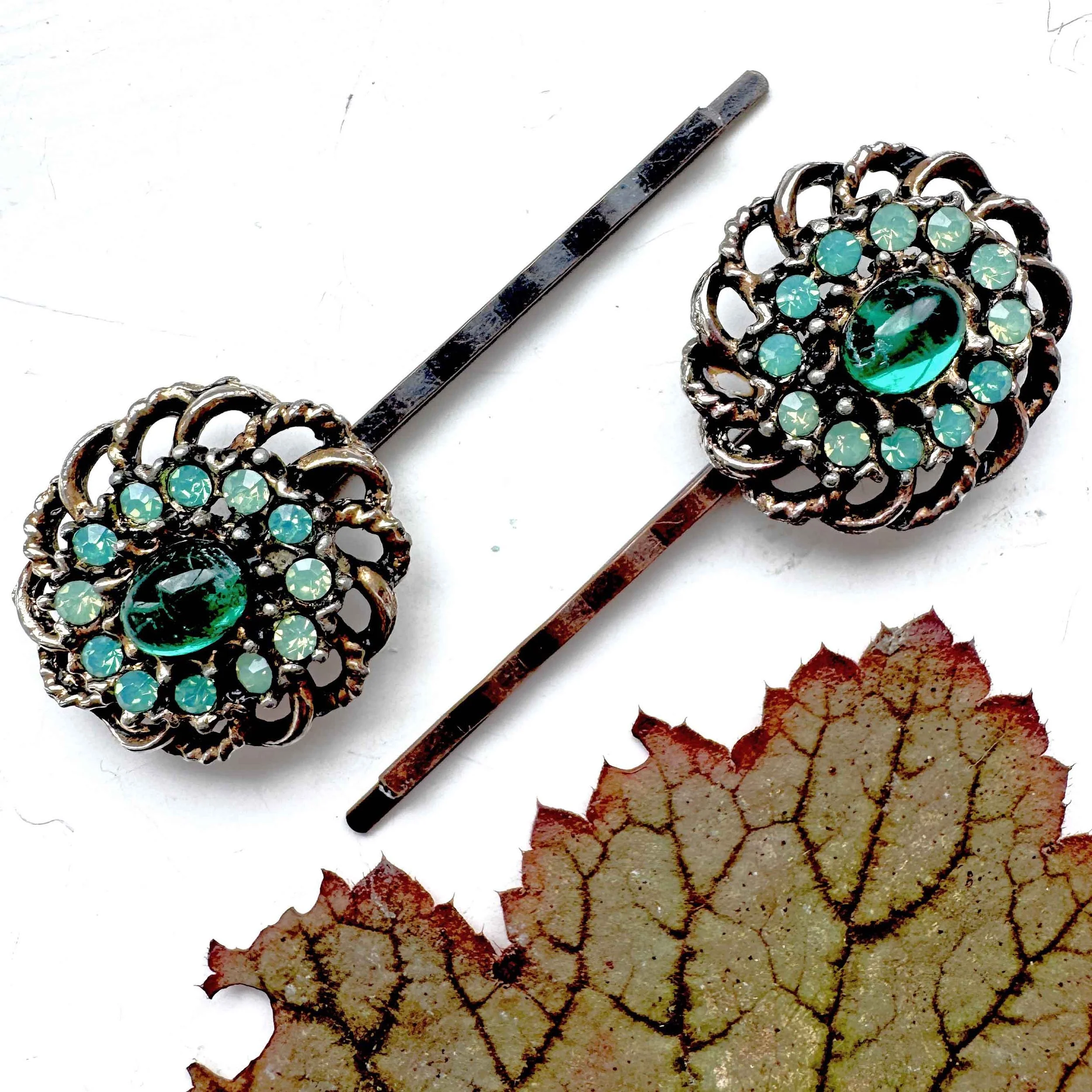 dark green vintage hair pins, vintage hair accessories