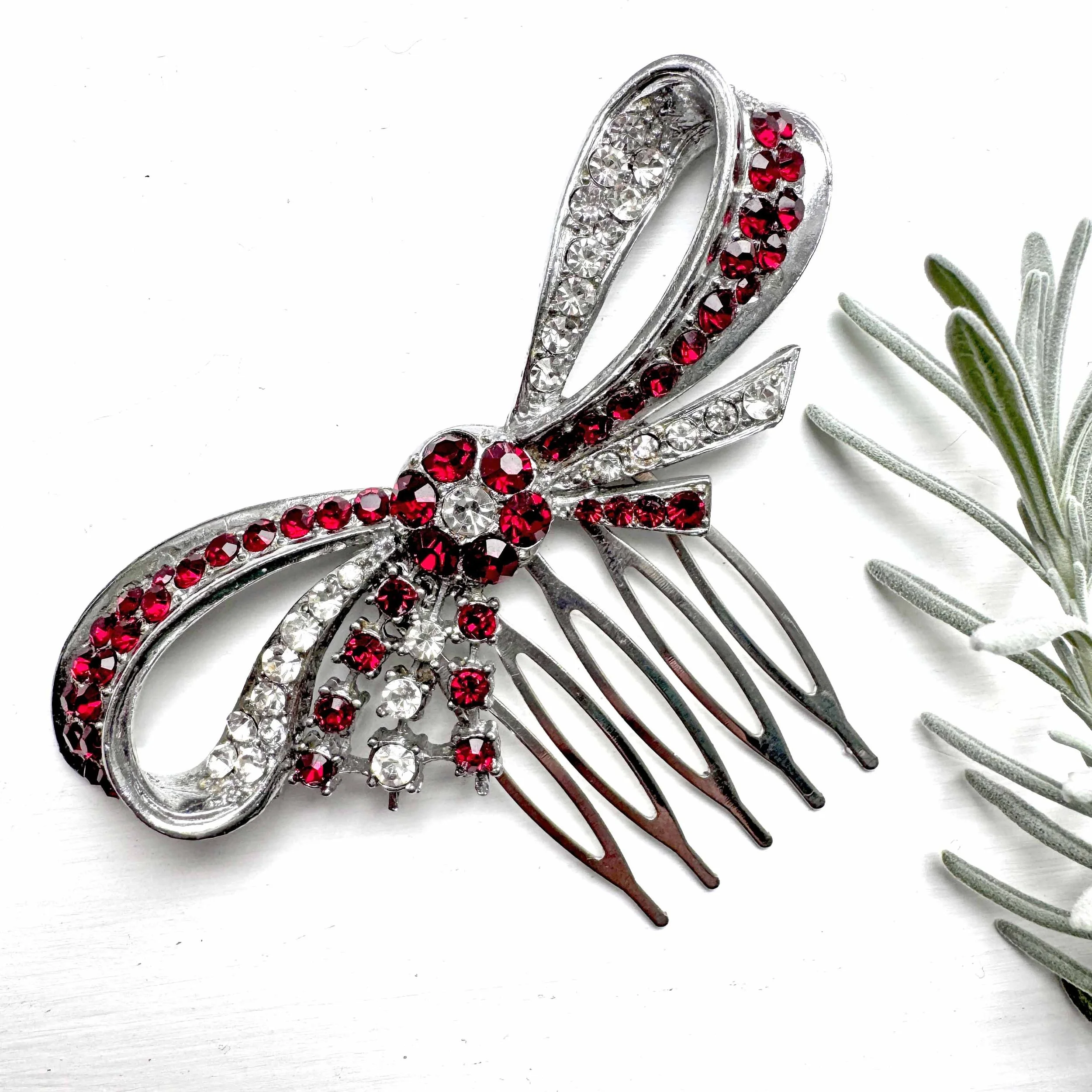 vintage red rhinestone hair comb, vintage hair comb, vintage hair accessories