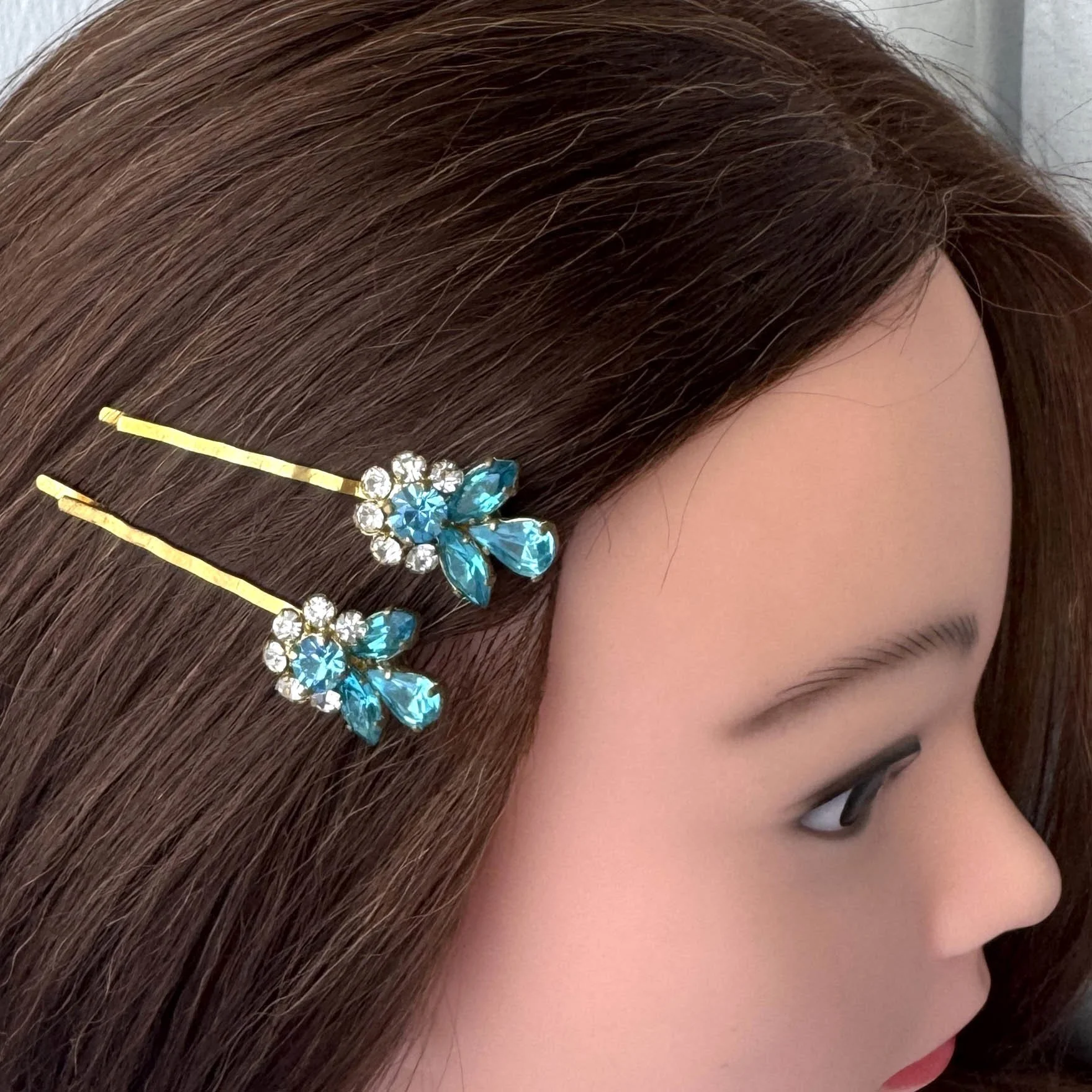 1950s vintage turquoise rhinestone flower hair clips, vintage hair accessories