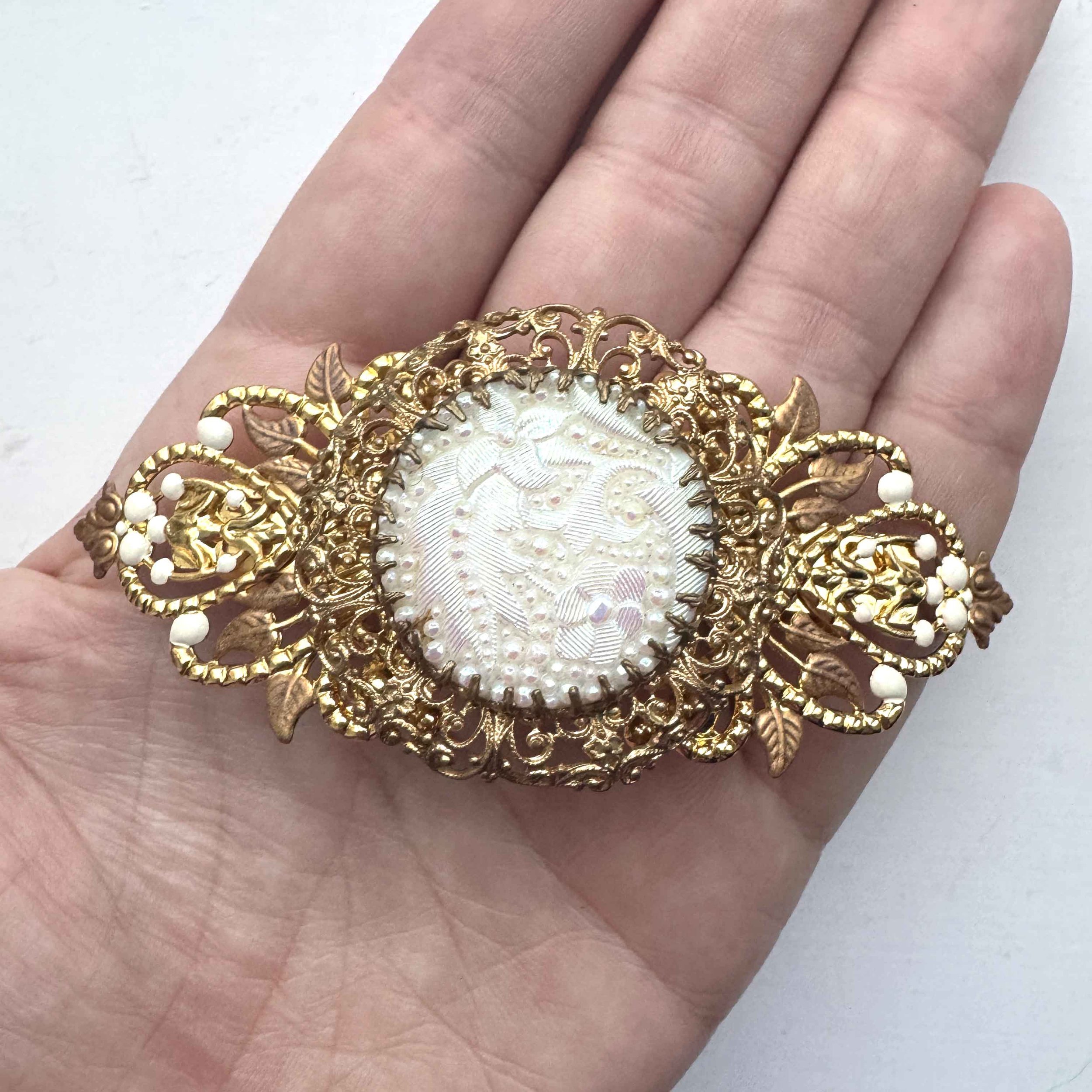 1940s vintage gold white french barrette - vintage hair accessories