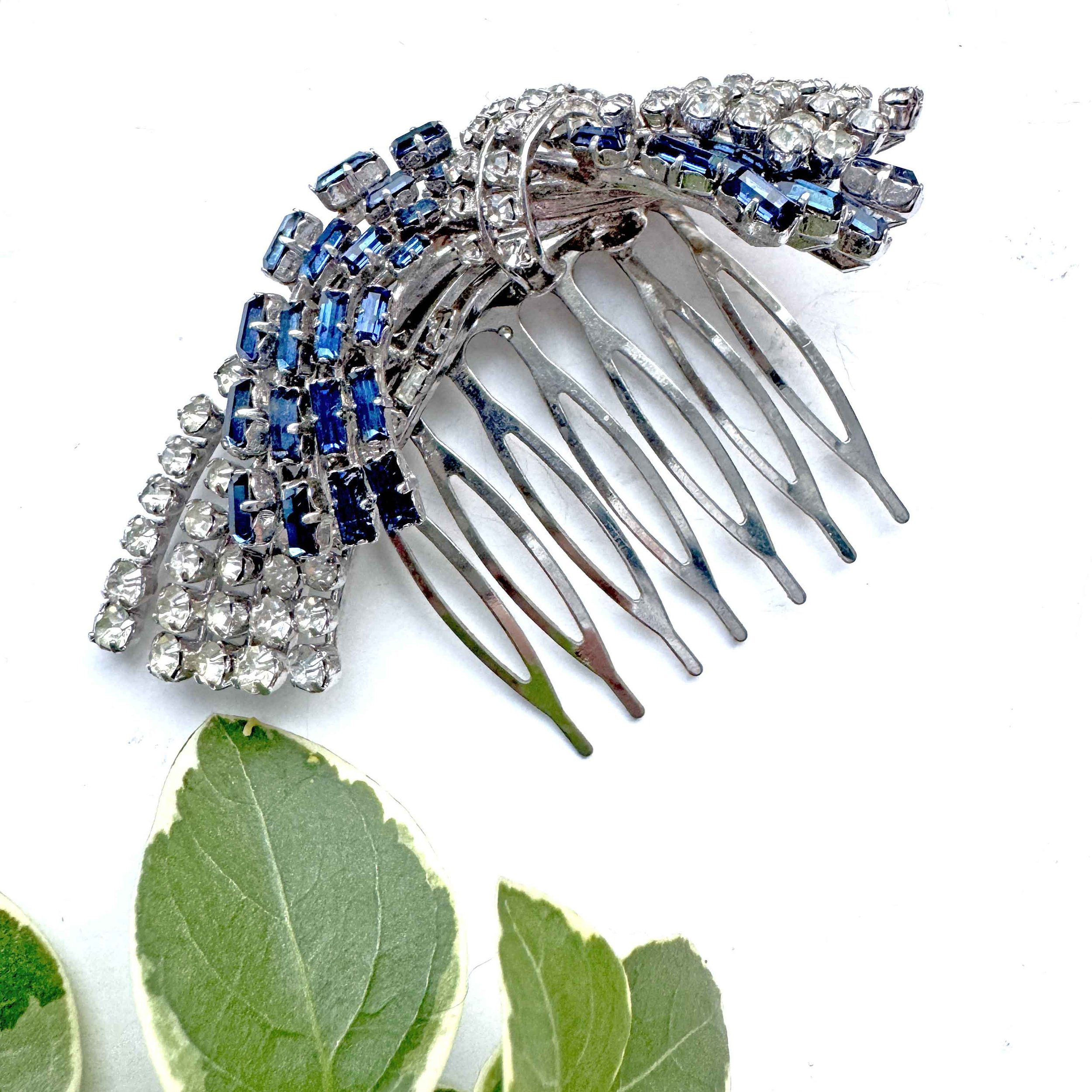 vintage sapphire blue art deco hair comb, dark blue vintage hair comb, vintage hair accessories