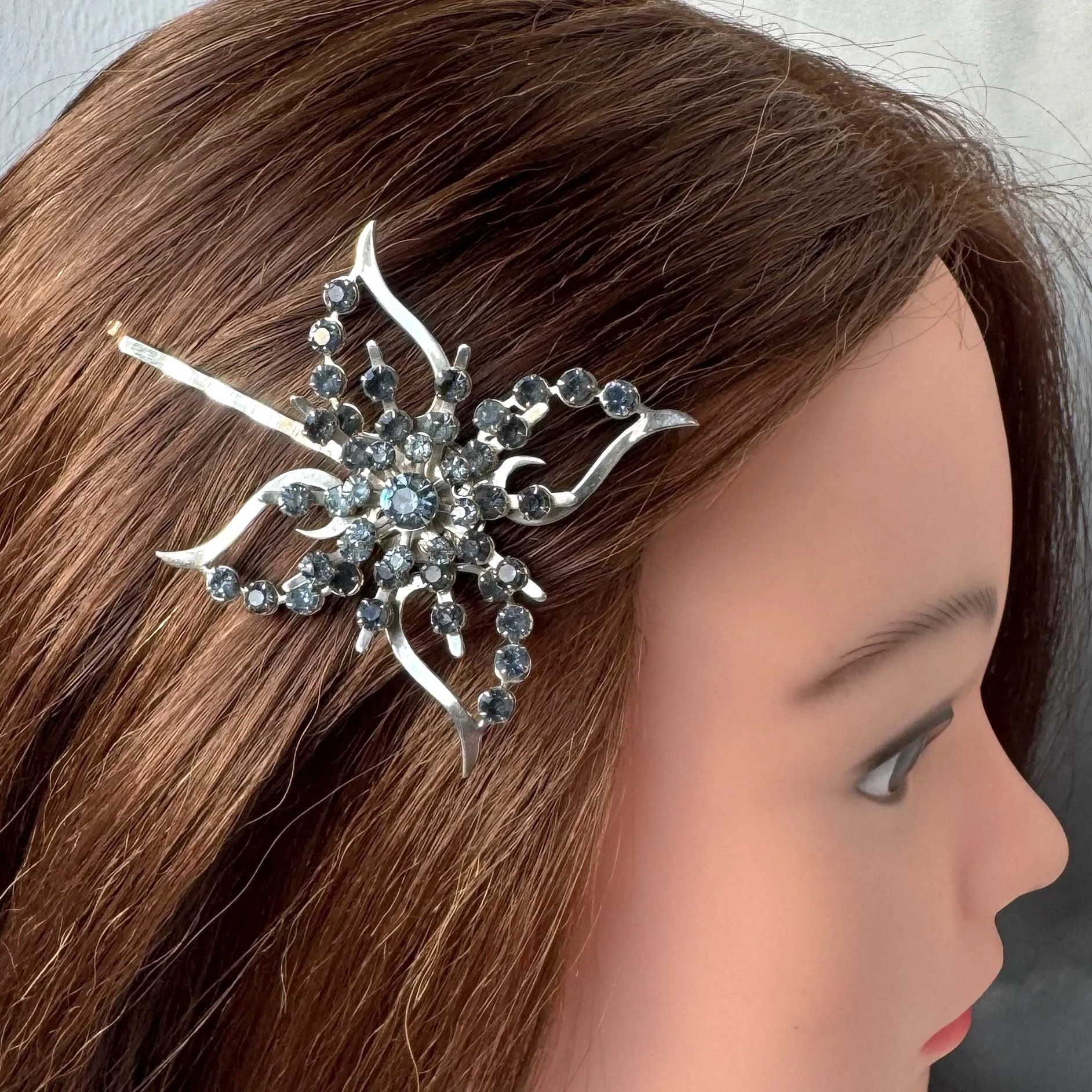 light blue rhinestone vintage hair clip, vintage hair accessories