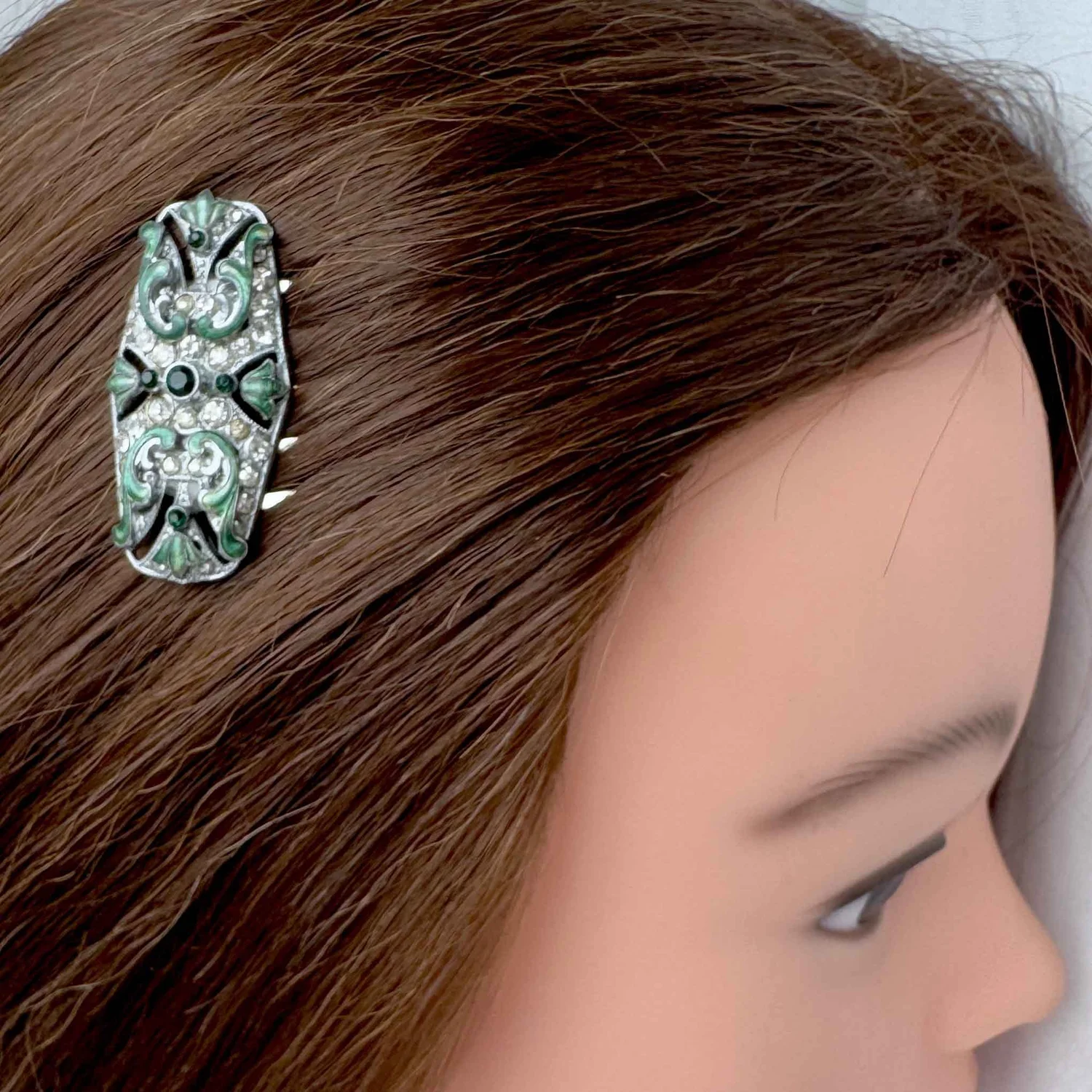 Vintage 1920s Art Deco Green Rhinestone Hair Comb — Vintage 