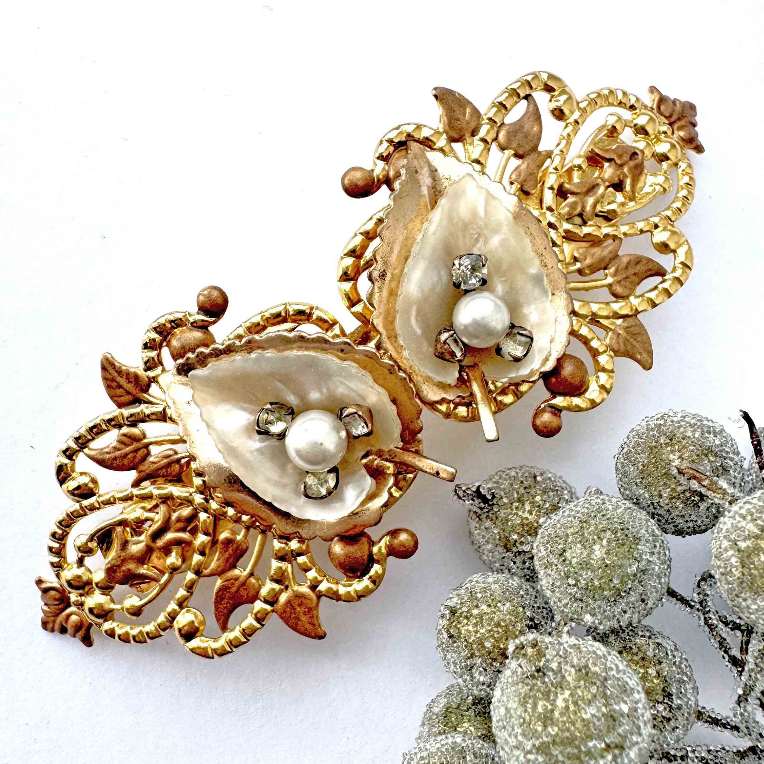 vintage gold mother of pearl and rhinestone hair barrette, vintage hair accessories