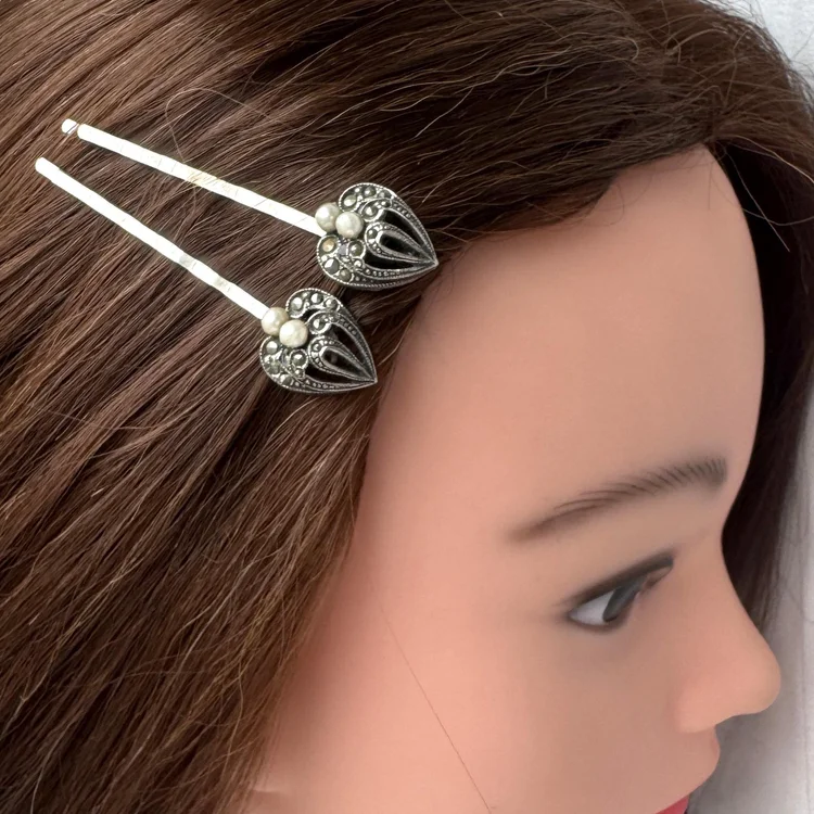Vintage Art Deco Silver Marcasite Hair Pins - vintage hair  display picture 2