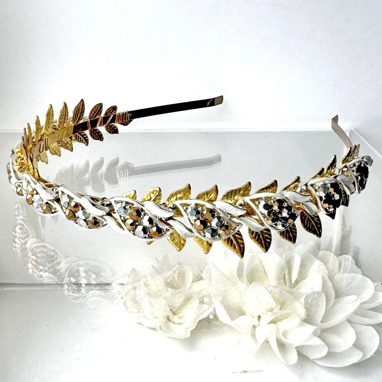 1950s Vintage Silver Gold Rhinestone Gold Leaf Tiara 