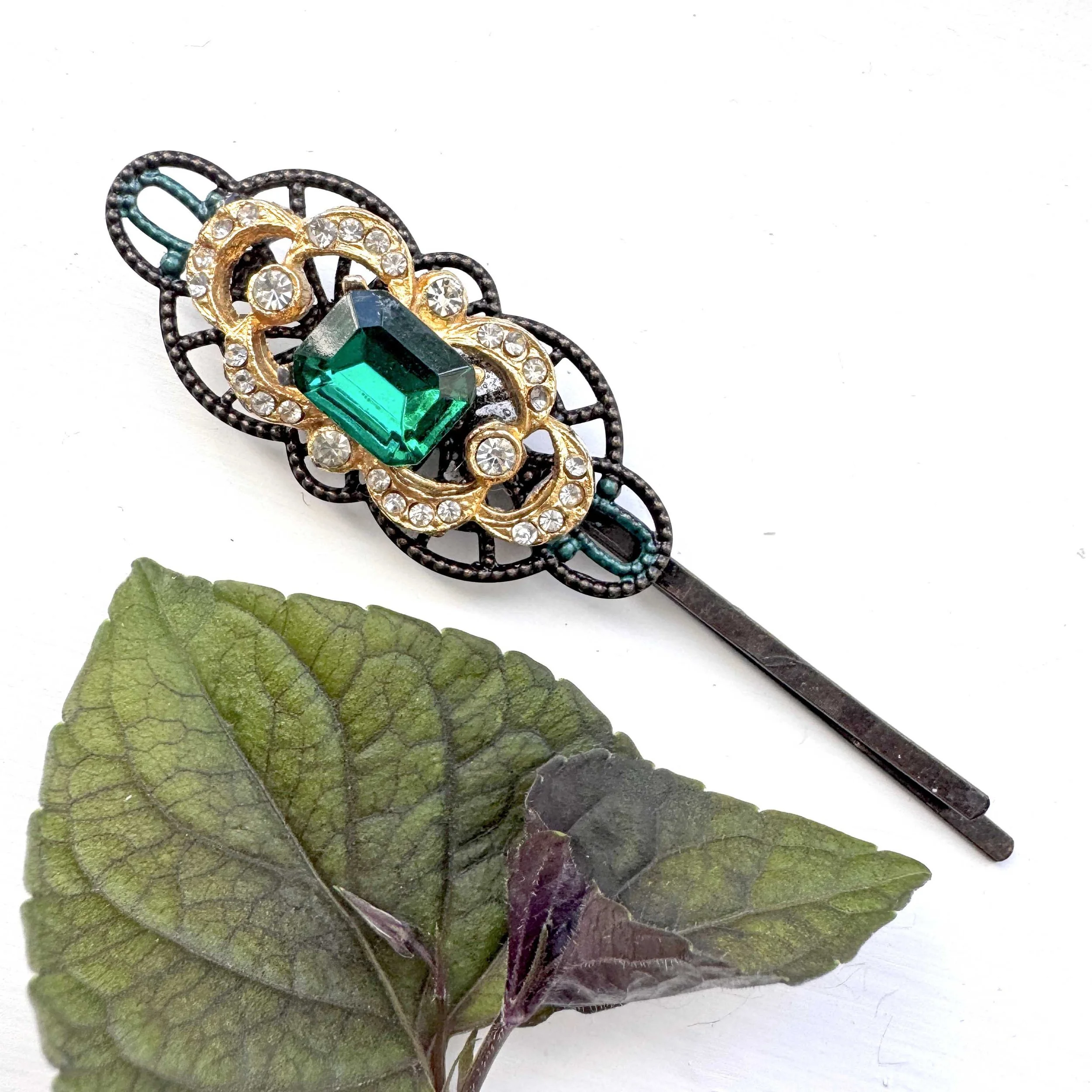 vintage art deco emerald hair pin, vintage hair accessories