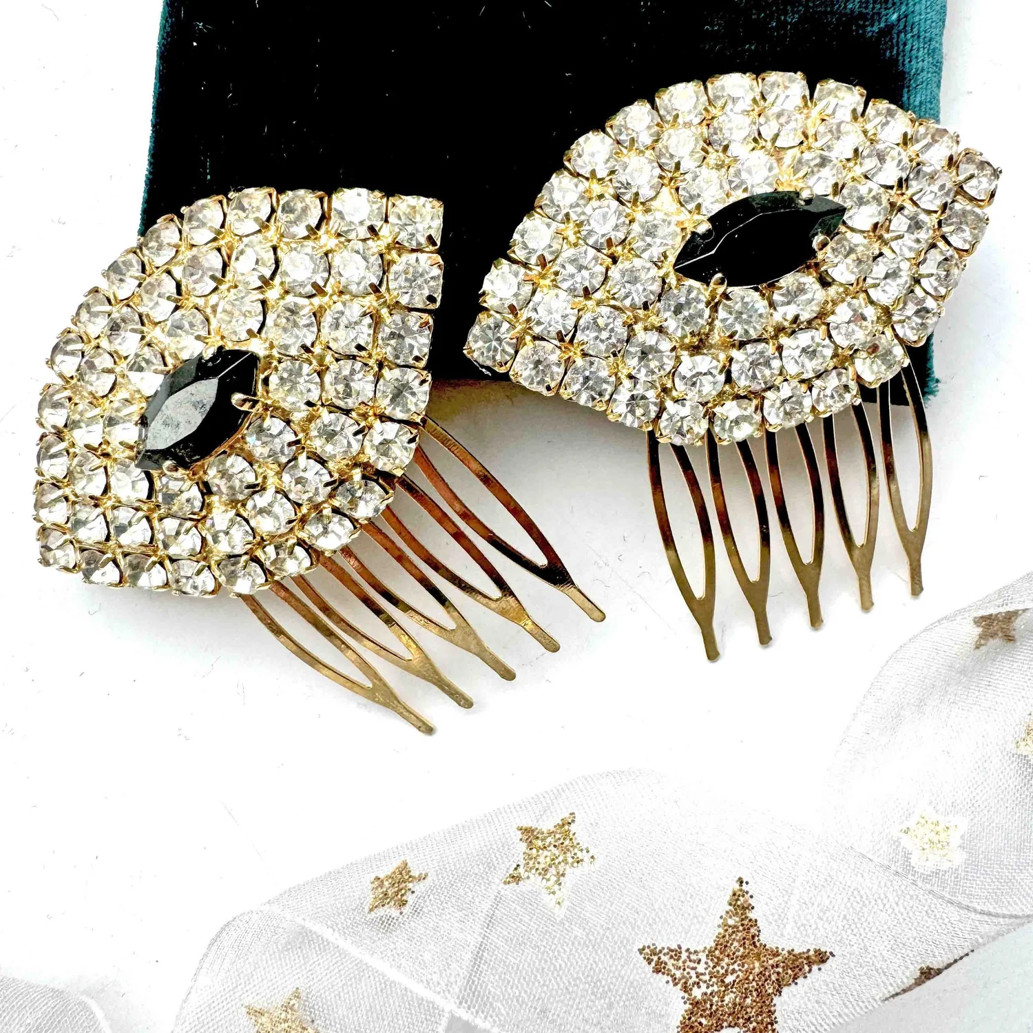 Vintage 1950s Black and Gold Rhinestone Hair Combs - vintage 