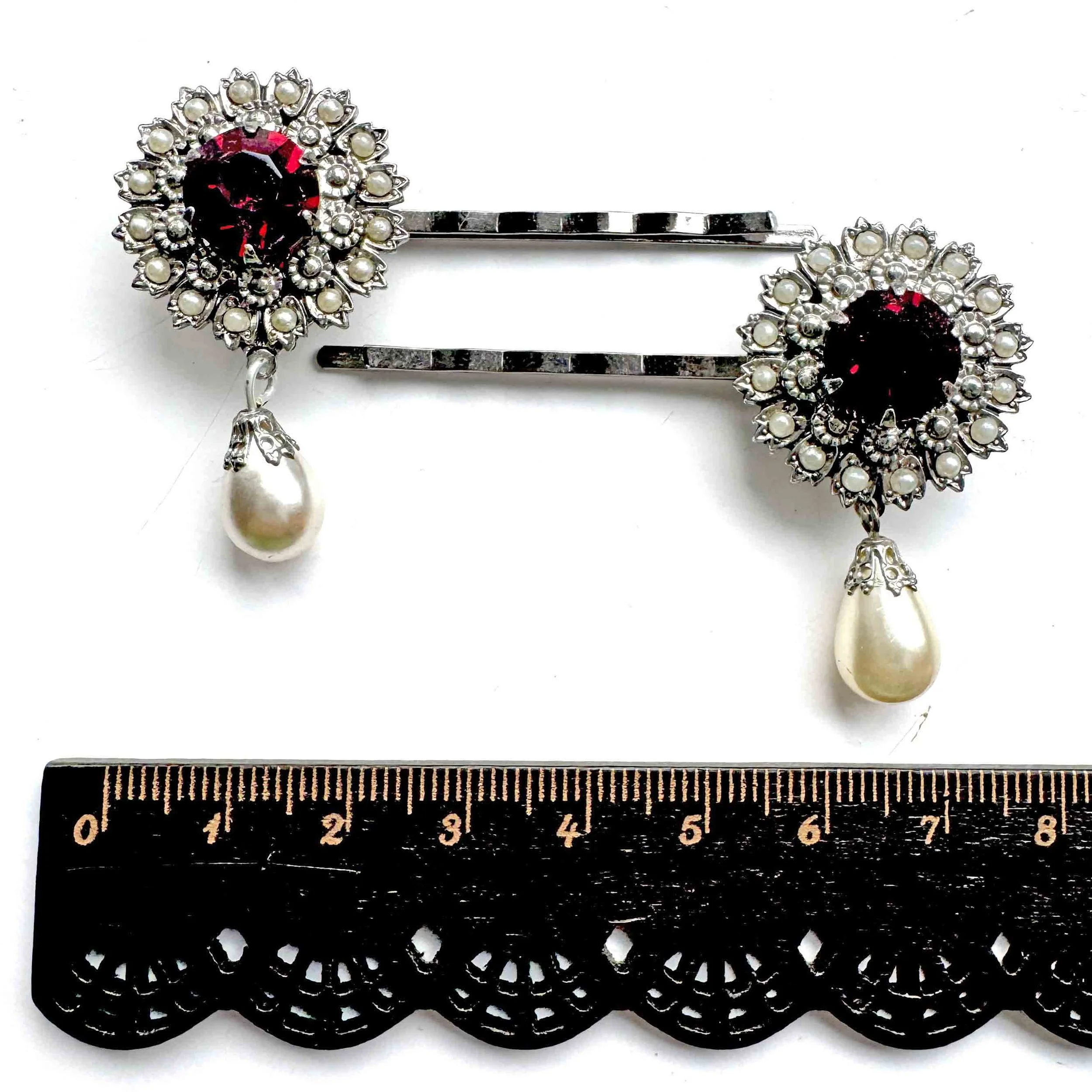 1930s vintage garnet red pearl bobby pins, vintage hair accessories