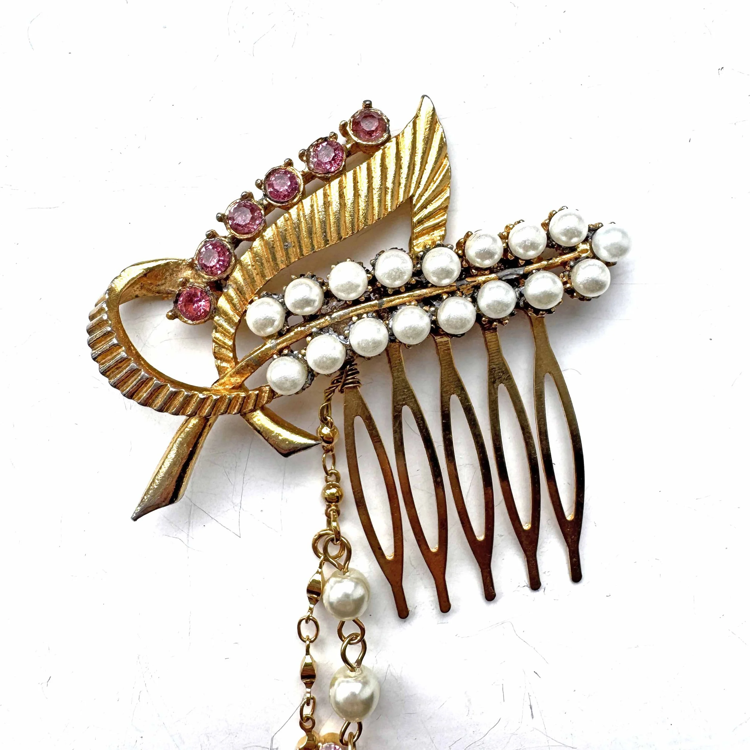 vintage pink rhinestone and pearl wedding hair chain, vintage hair accessories