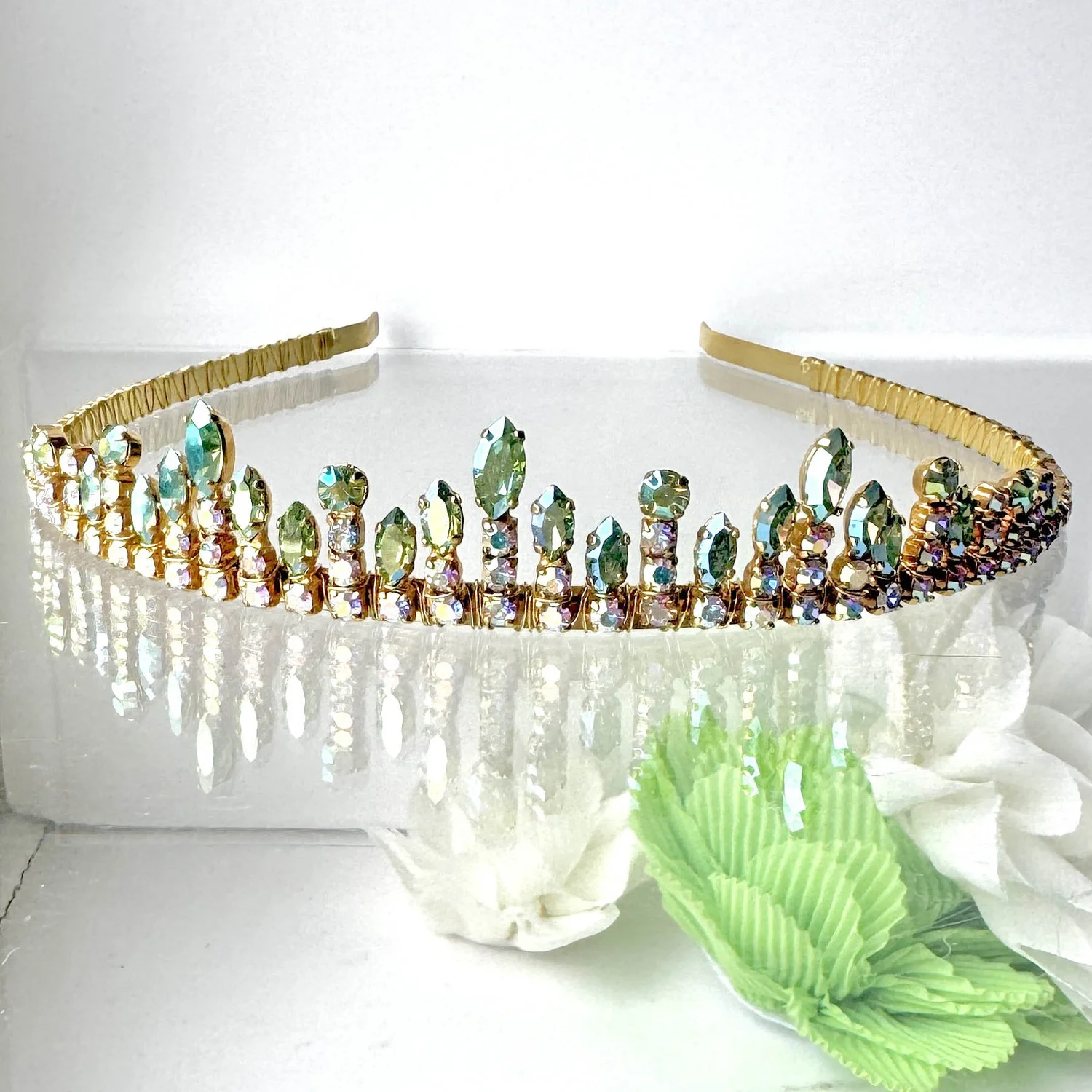 1950s Vintage Green Aurora Rhinestone Tiara - Vintage Hair 