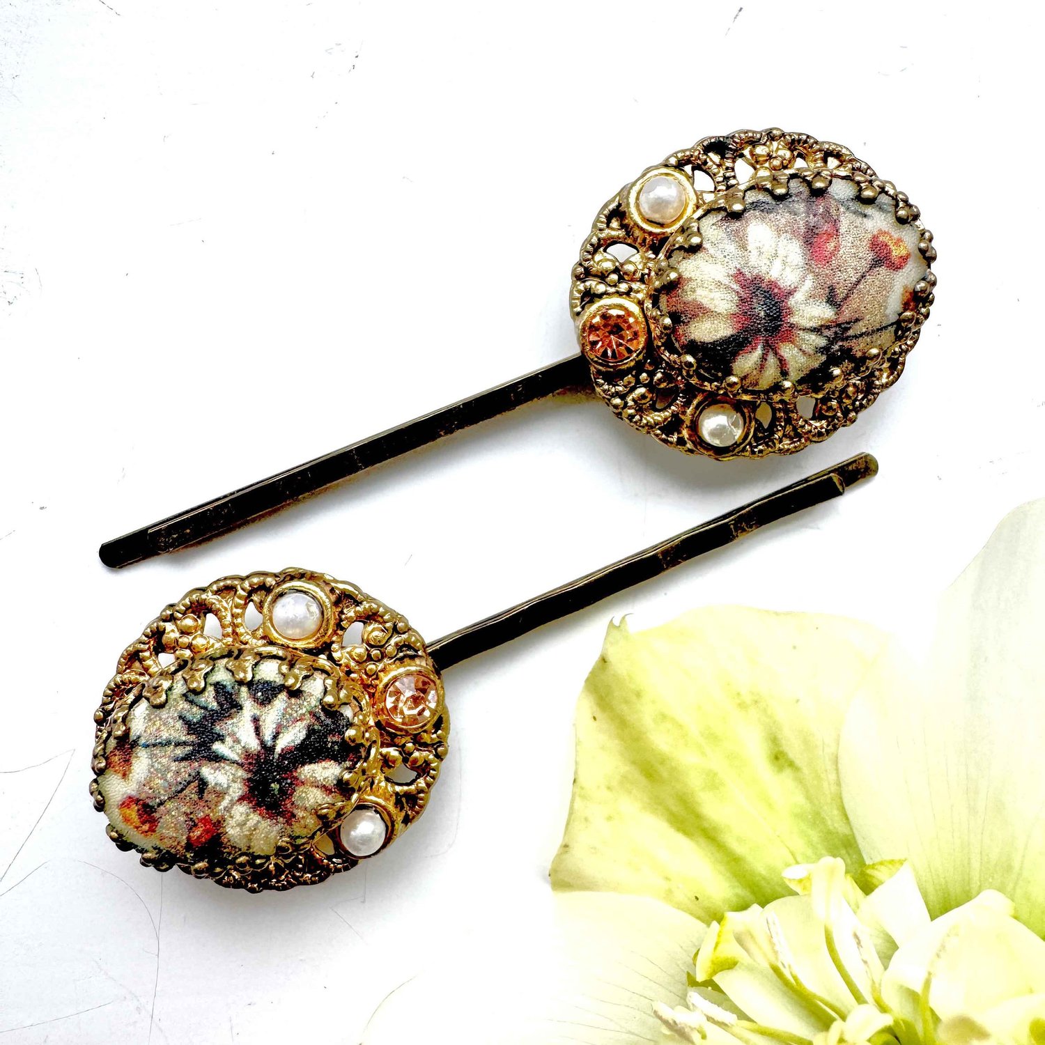 Antique Art Deco Hair Clips Set of 3 Vintage Hair Clips with Natural Stone Cabochons  main image 2