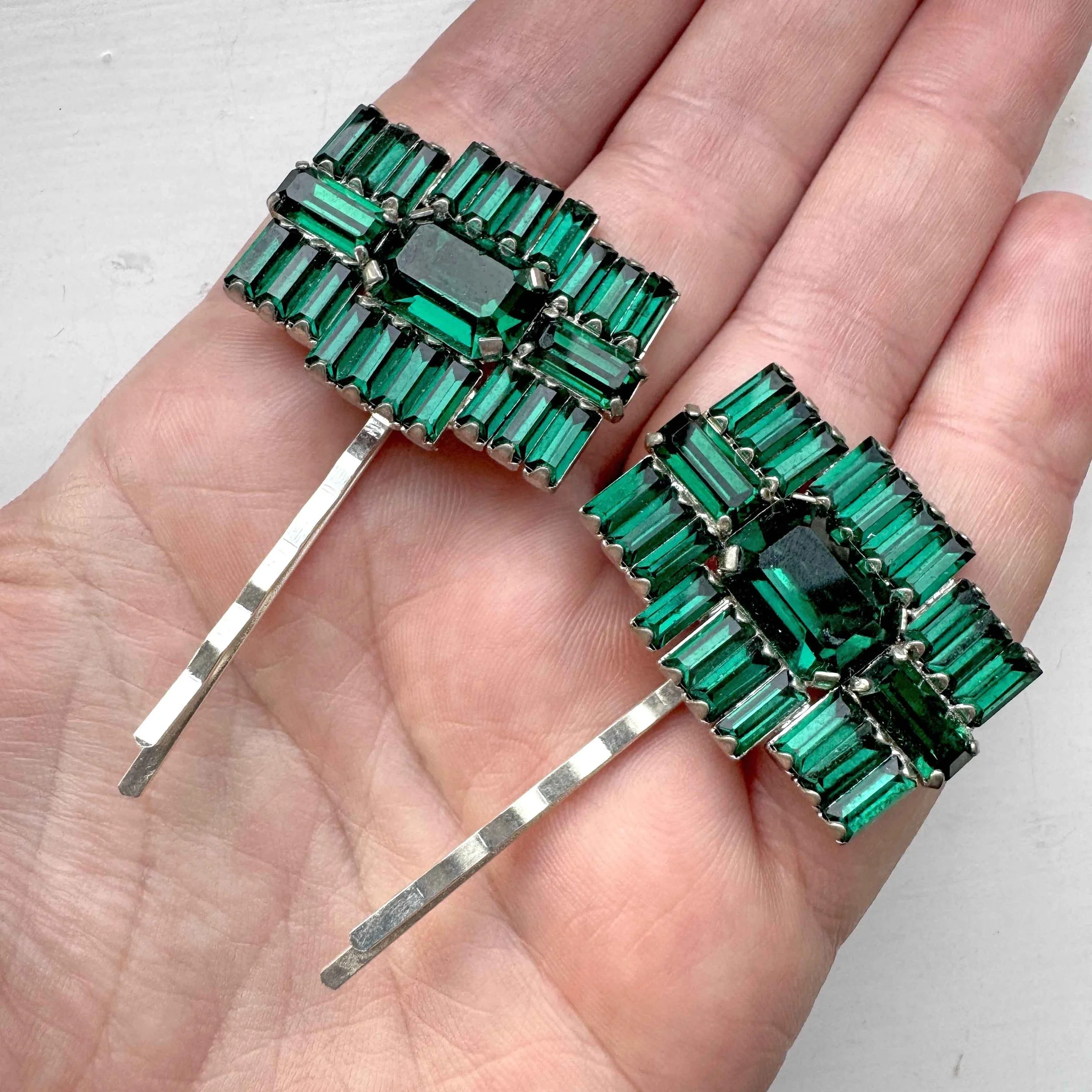 vintage art deco dark green hair slides, vintage hair slides, vintage hair accessories