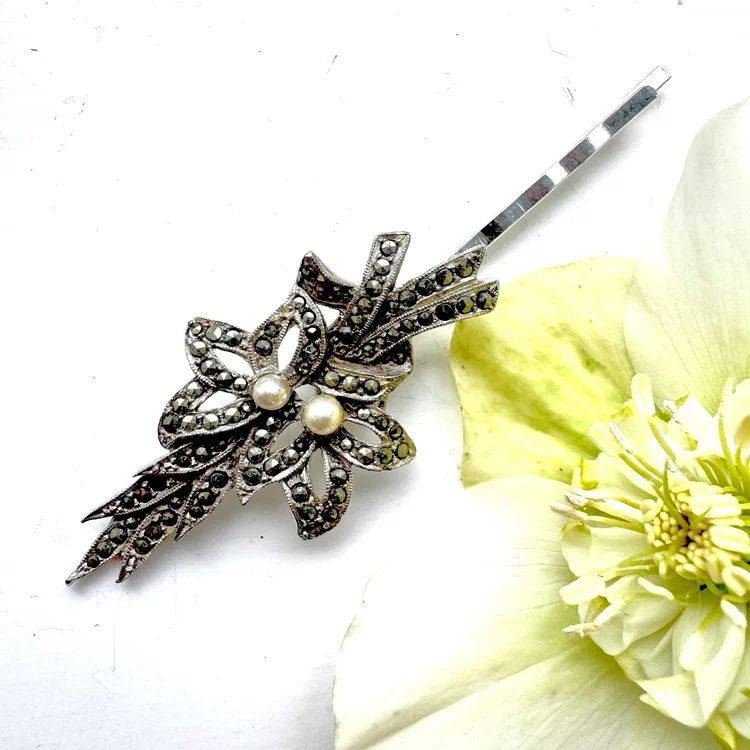 Vintage Sterling Silver Marcasite Leaf Hair Clips Vintage 1930s Silver Marcasite Leaf Hair Pins - Vintage Hair  main image 4